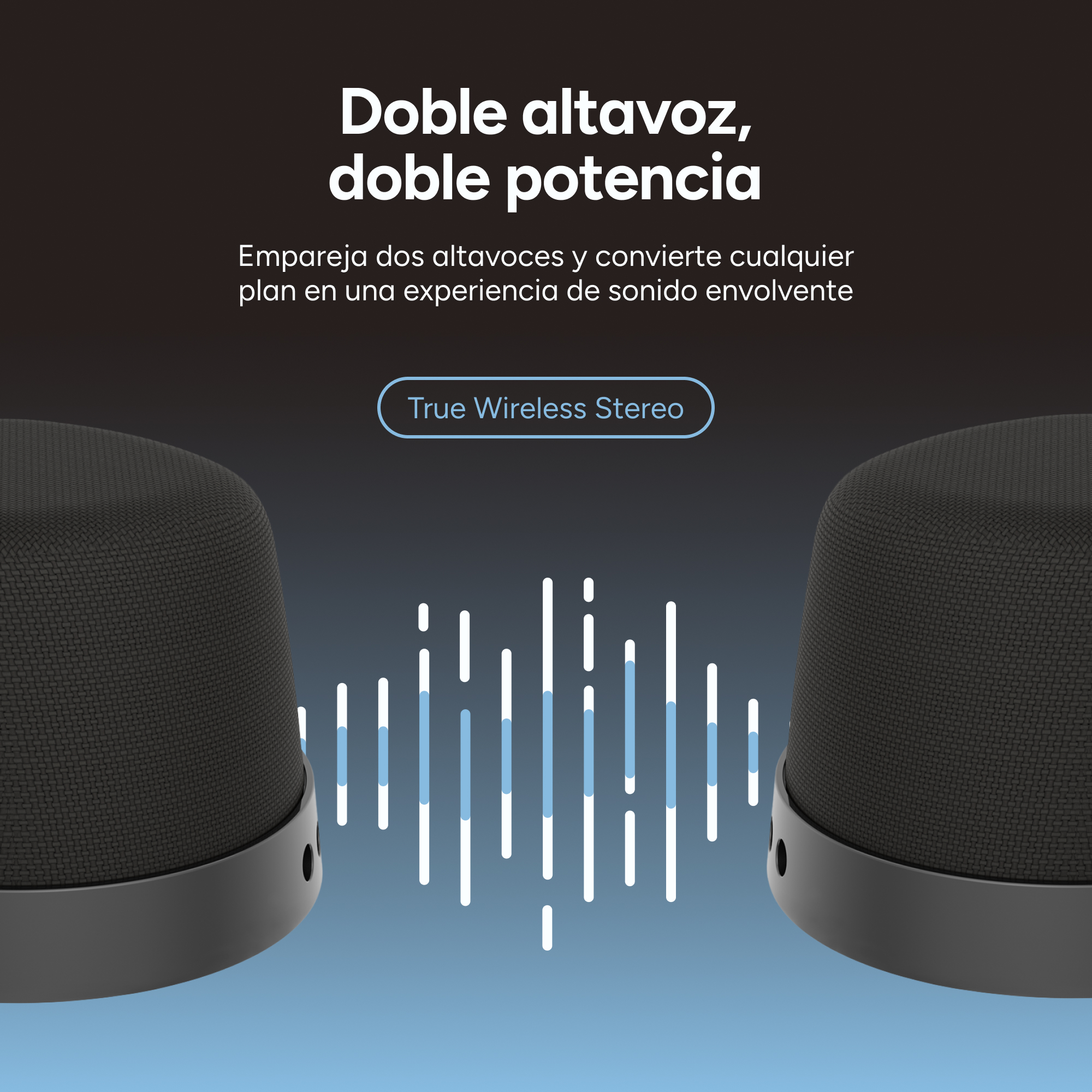 Dos altavoces negros con un gráfico de onda de sonido, el texto dice: Altavoz doble, doble potencia. True Wireless Stereo.