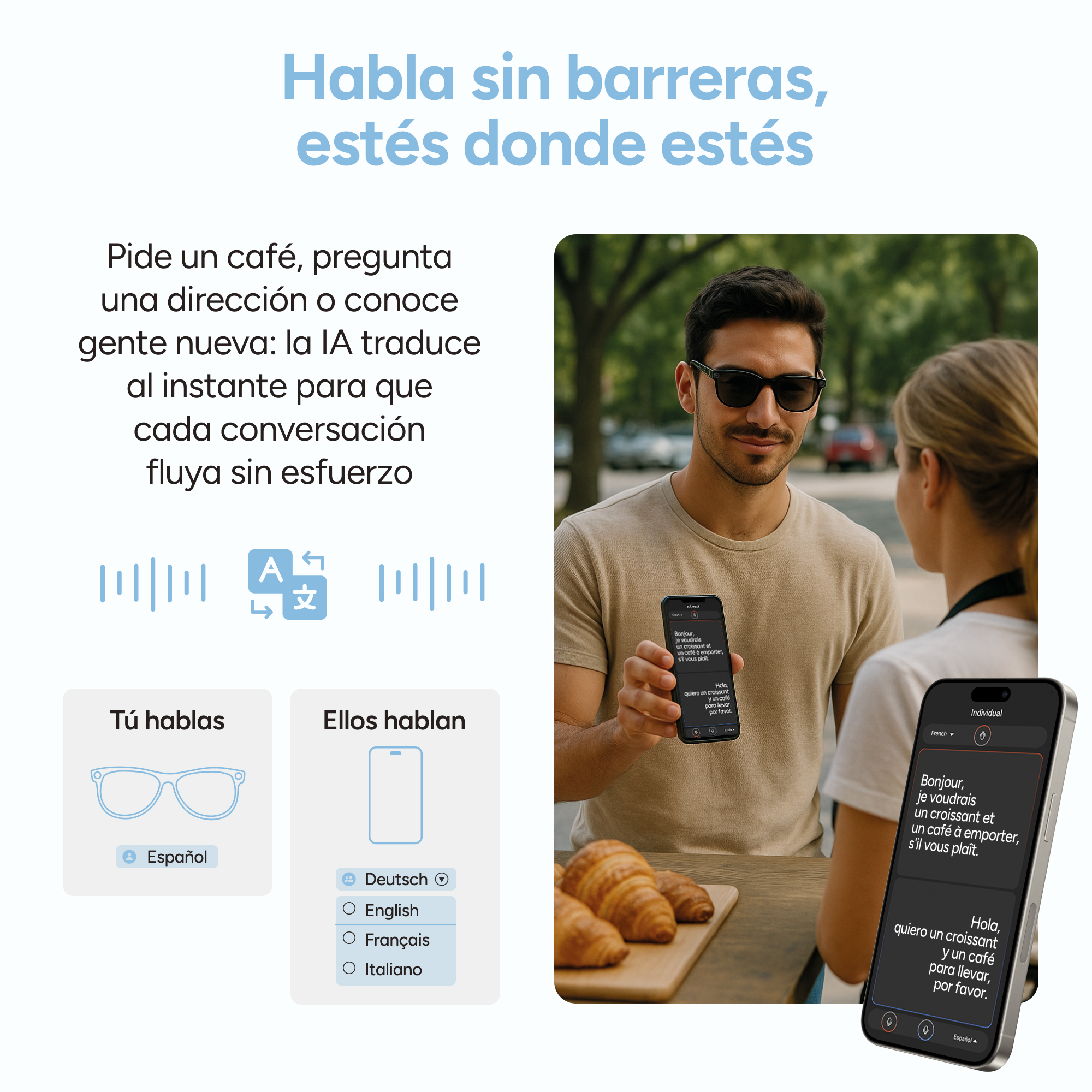 Un uomo e una donna usano telefoni con app di traduzione. Croissant su una tavola di legno. Testo in spagnolo e francese.