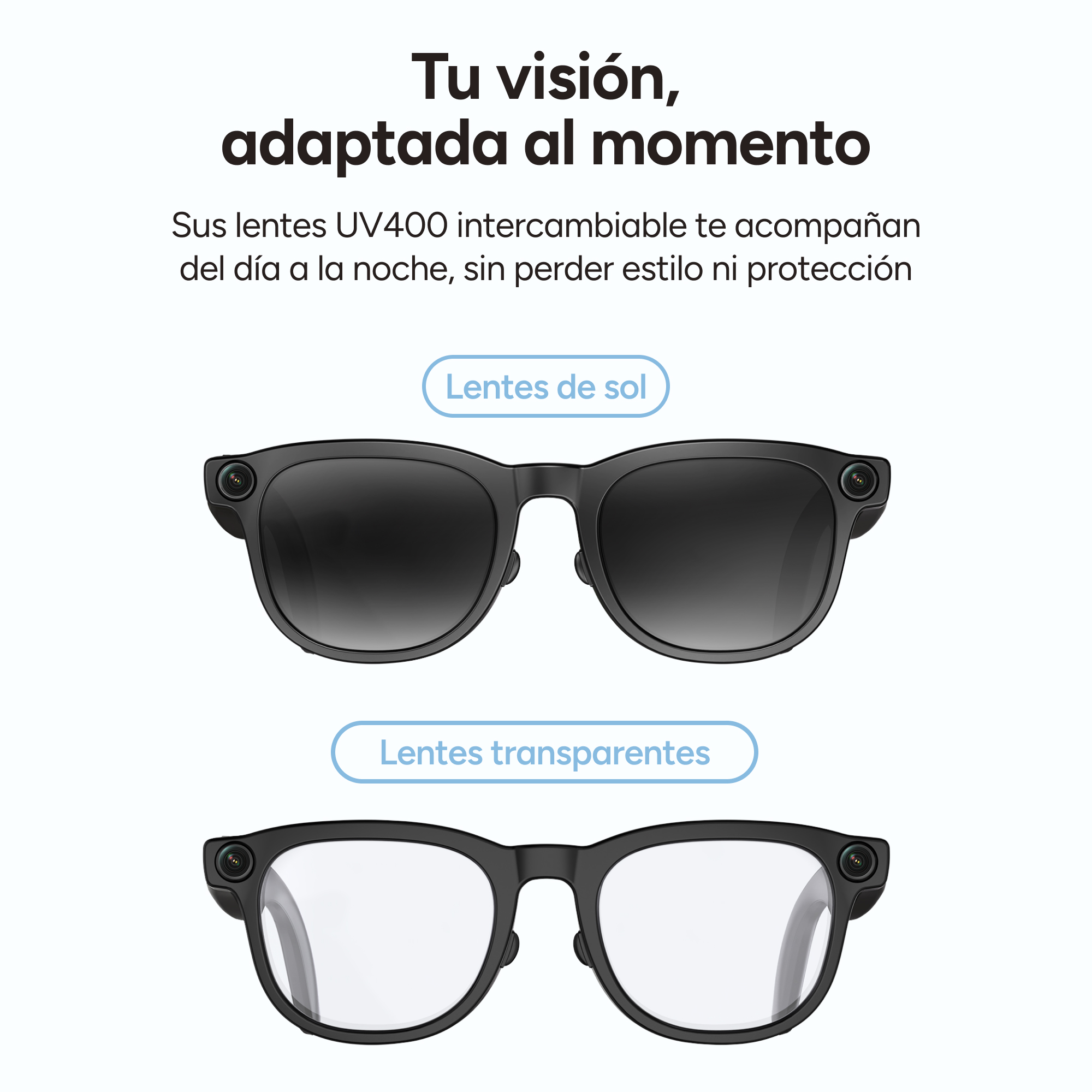 L'immagine mostra due paia di occhiali intelligenti, uno con lenti scure e uno con lenti trasparenti, su sfondo bianco.