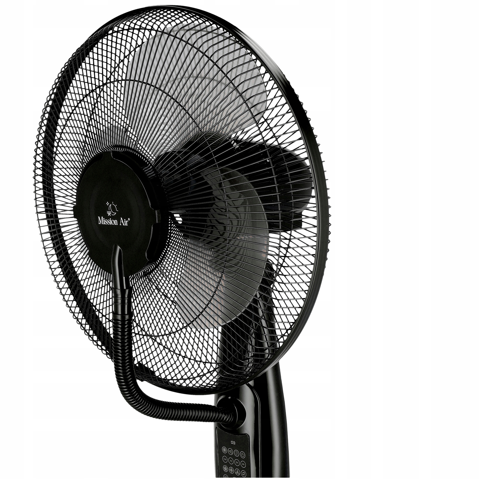 Czarny wentylator stojący Mission Air. Ma klatkową głowicę wentylatora, łopaty i panel sterowania na białym tle.