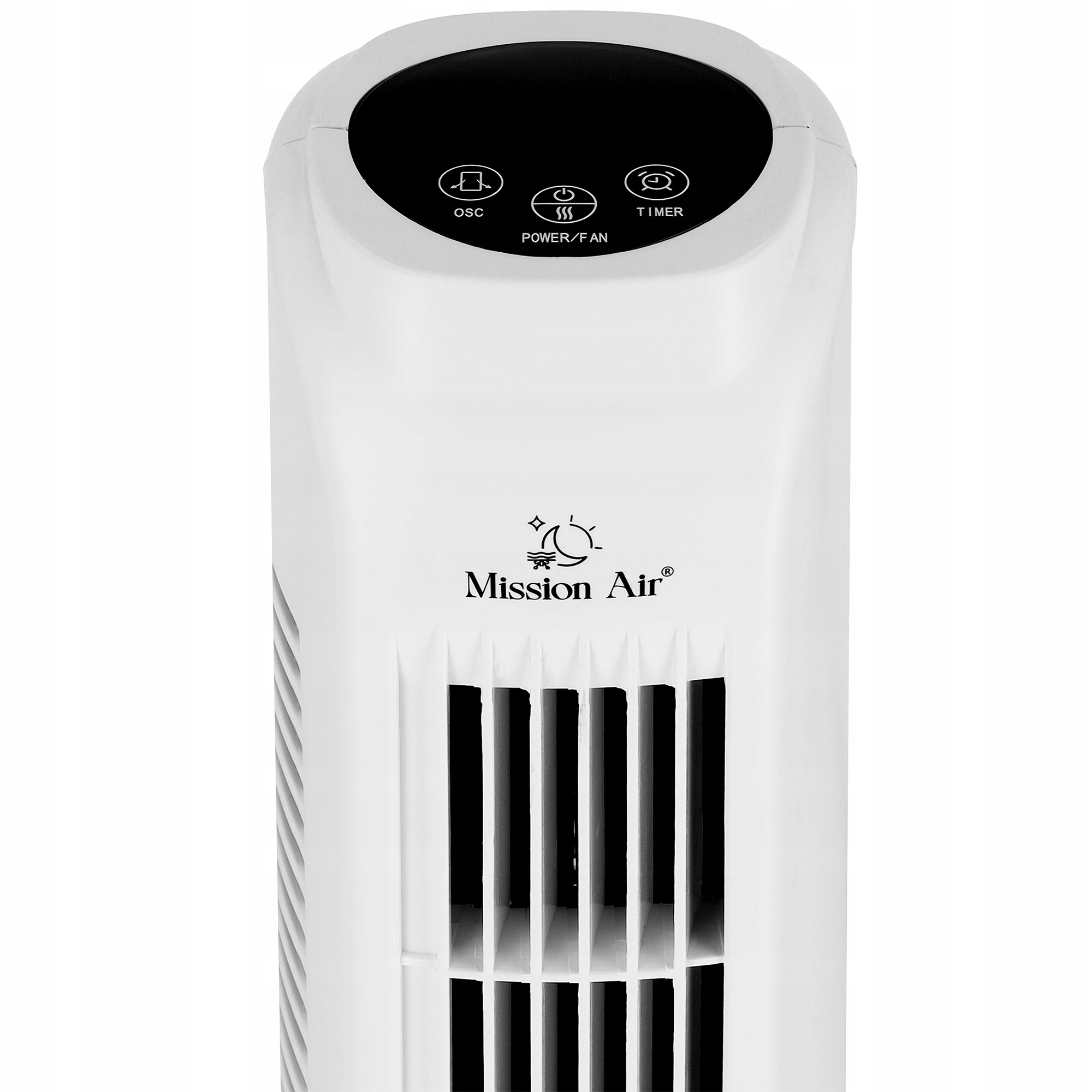 Biały wentylator wieżowy z czarnym panelem sterowania. Funkcje: OSC, Power/Fan i przyciski timera.