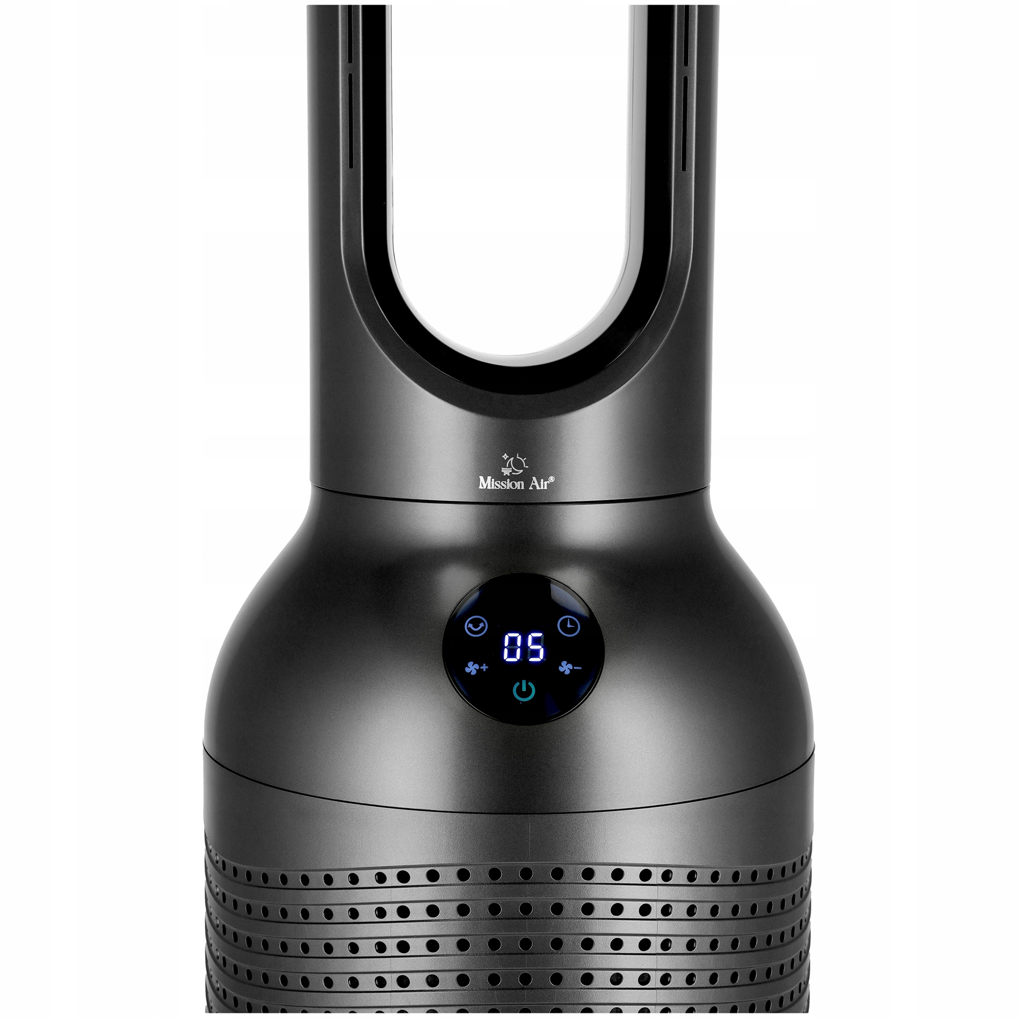 Ciemnoszary wentylator bezłopatkowy z cyfrowym wyświetlaczem '05'. Ma zakrzywioną górę i perforowaną podstawę. Widoczne logo 'Mission Air'.