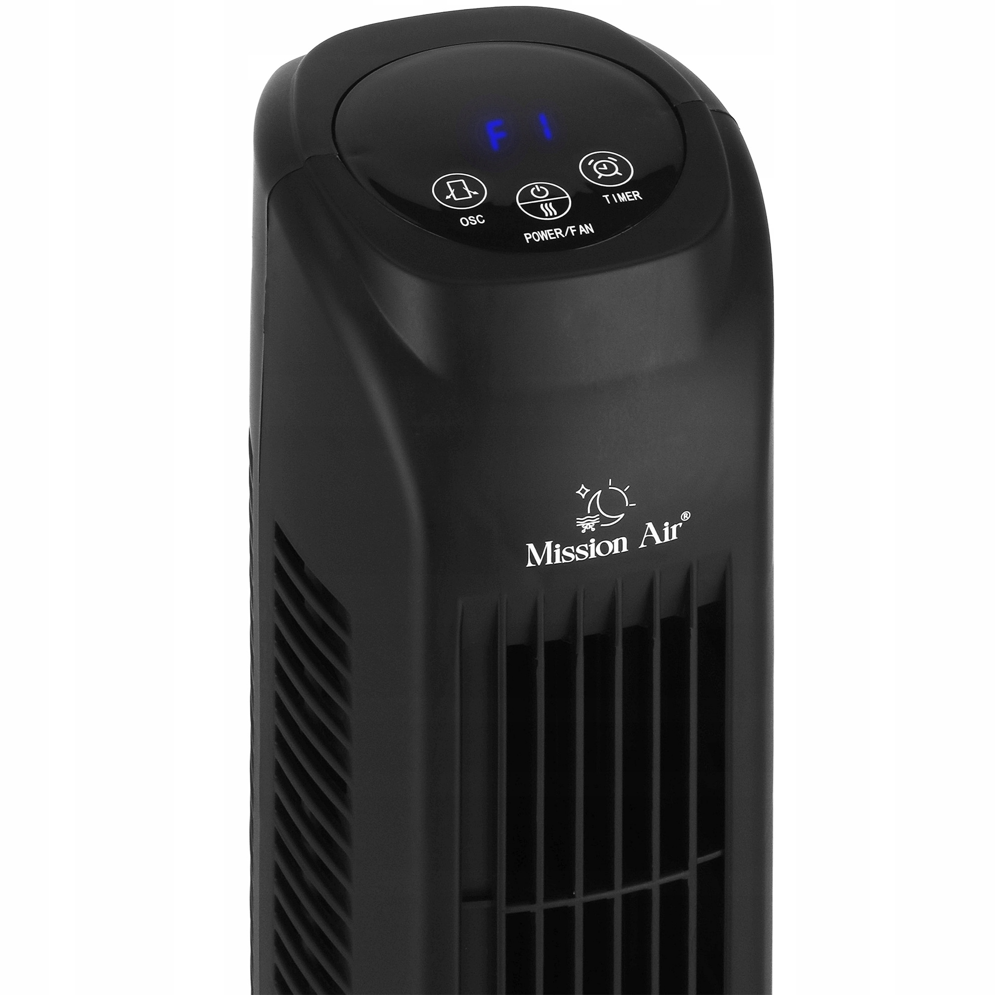 Czarny wentylator wieżowy z panelem sterowania. Wyświetla F1, OSC, Power/Fan i opcje timera. Widoczne logo 'Mission Air'.