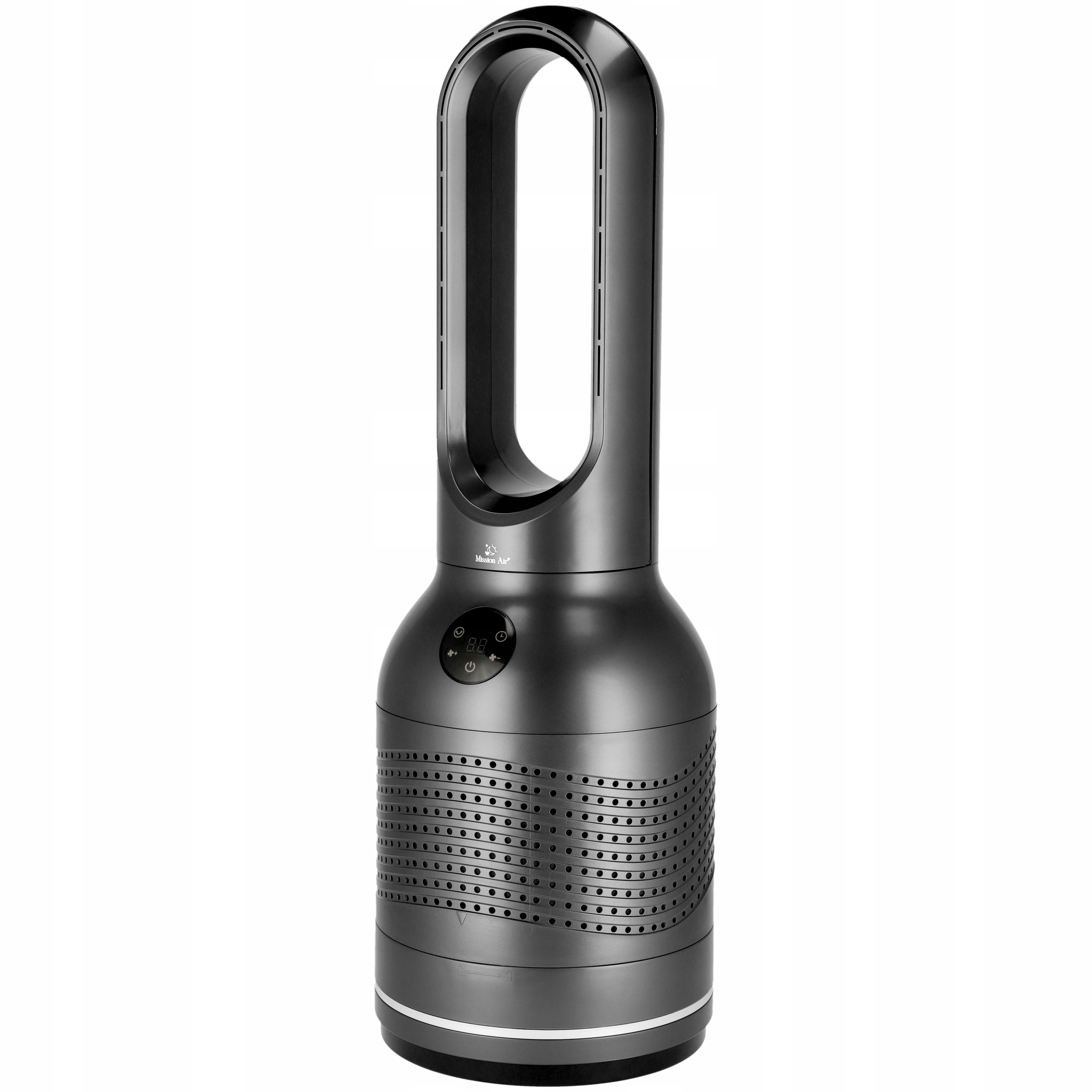 Ciemnoszary wentylator wieżowy z owalnym wierzchem i perforowanym korpusem, wentylator na białym tle.