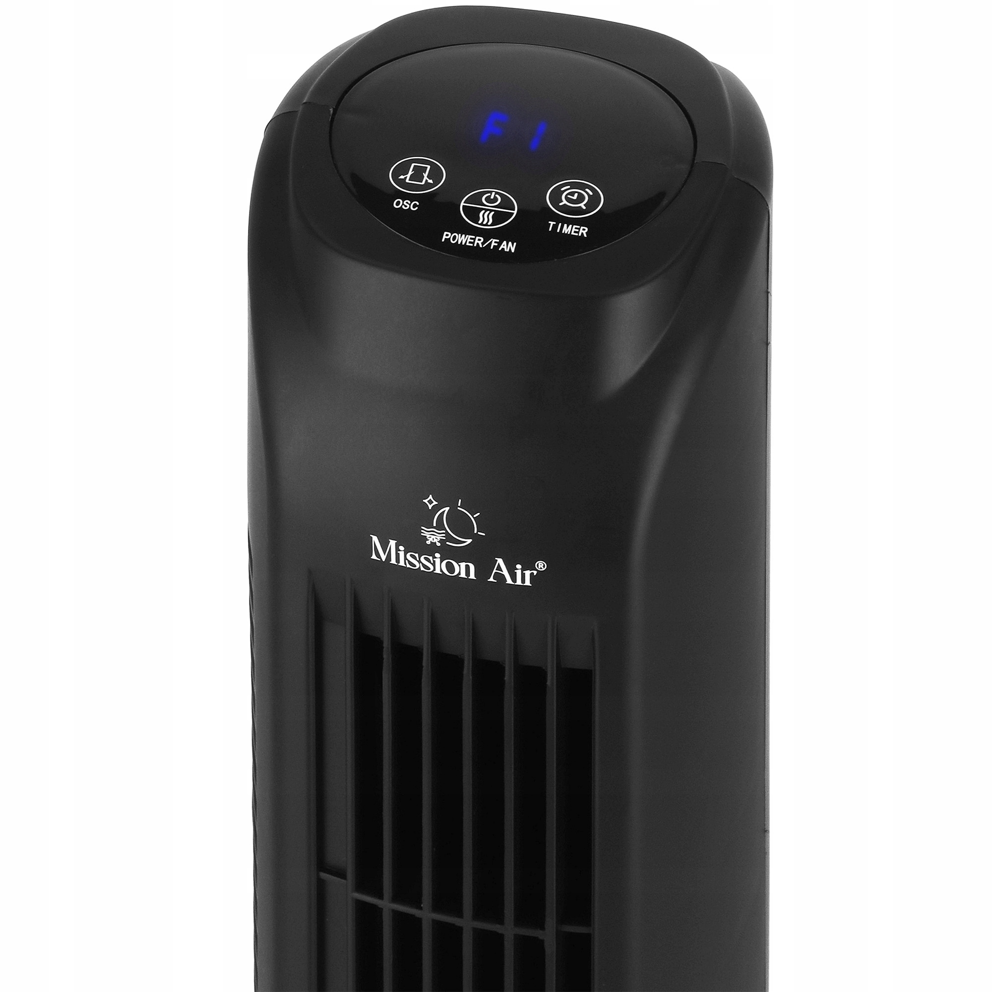 Czarny wentylator wieżowy z panelem sterowania. Wyświetla: OSC, Power/Fan, Timer. Nazwa marki to Mission Air.