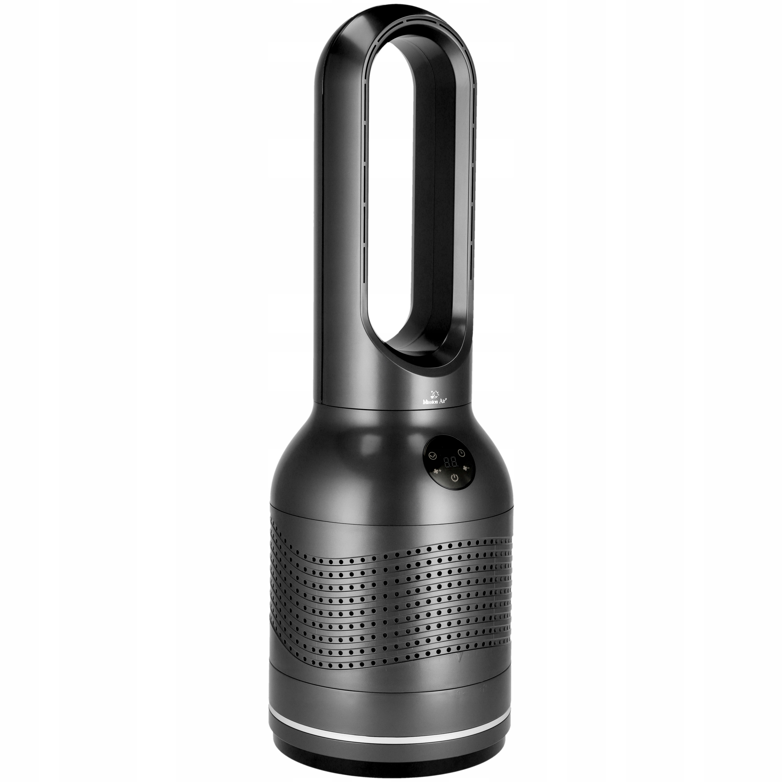 Ciemnoszary wentylator bezłopatkowy z wysoką, zakrzywioną górą i cylindryczną podstawą, z cyfrowym wyświetlaczem.