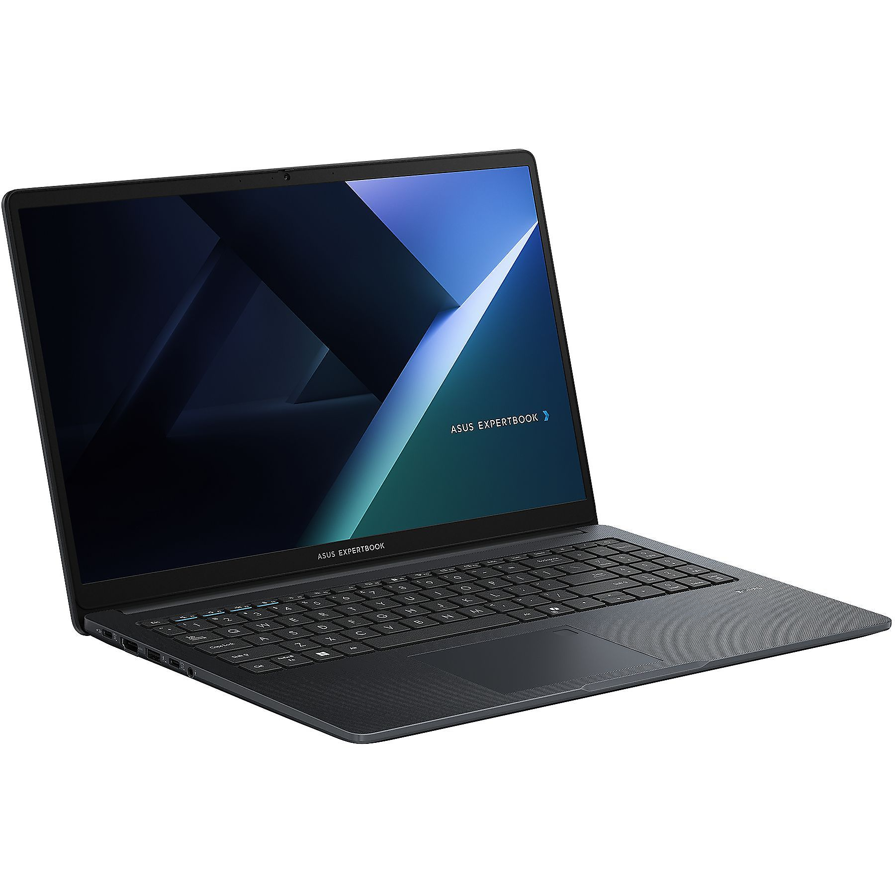 Un laptop ASUS ExpertBook grigio scuro. Lo schermo mostra un design astratto blu e verde. Tastiera visibile.