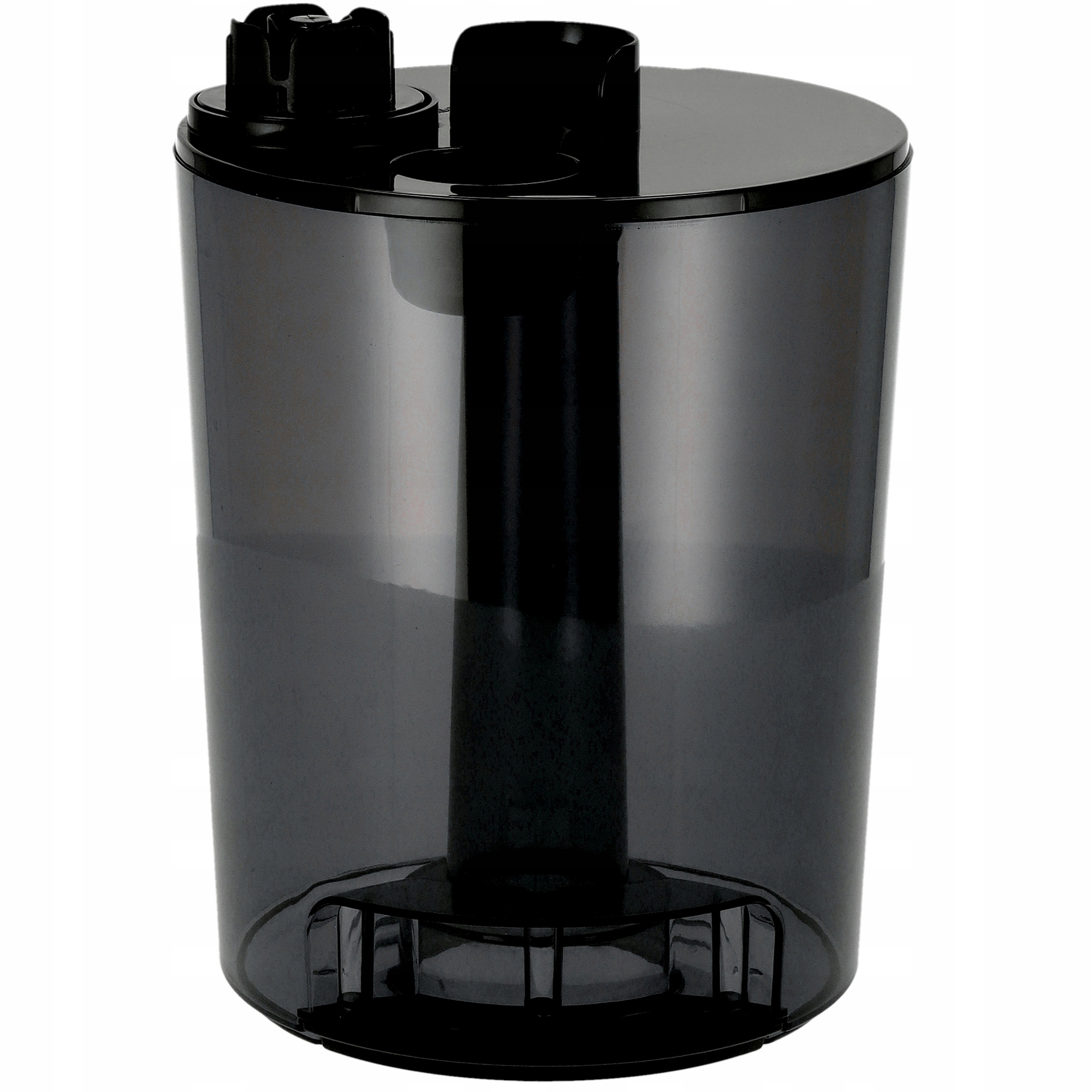 Przezroczysty, czarny zbiornik na wodę z czarną pokrywą i różnymi czarnymi wypukłościami. Jest na białym tle.