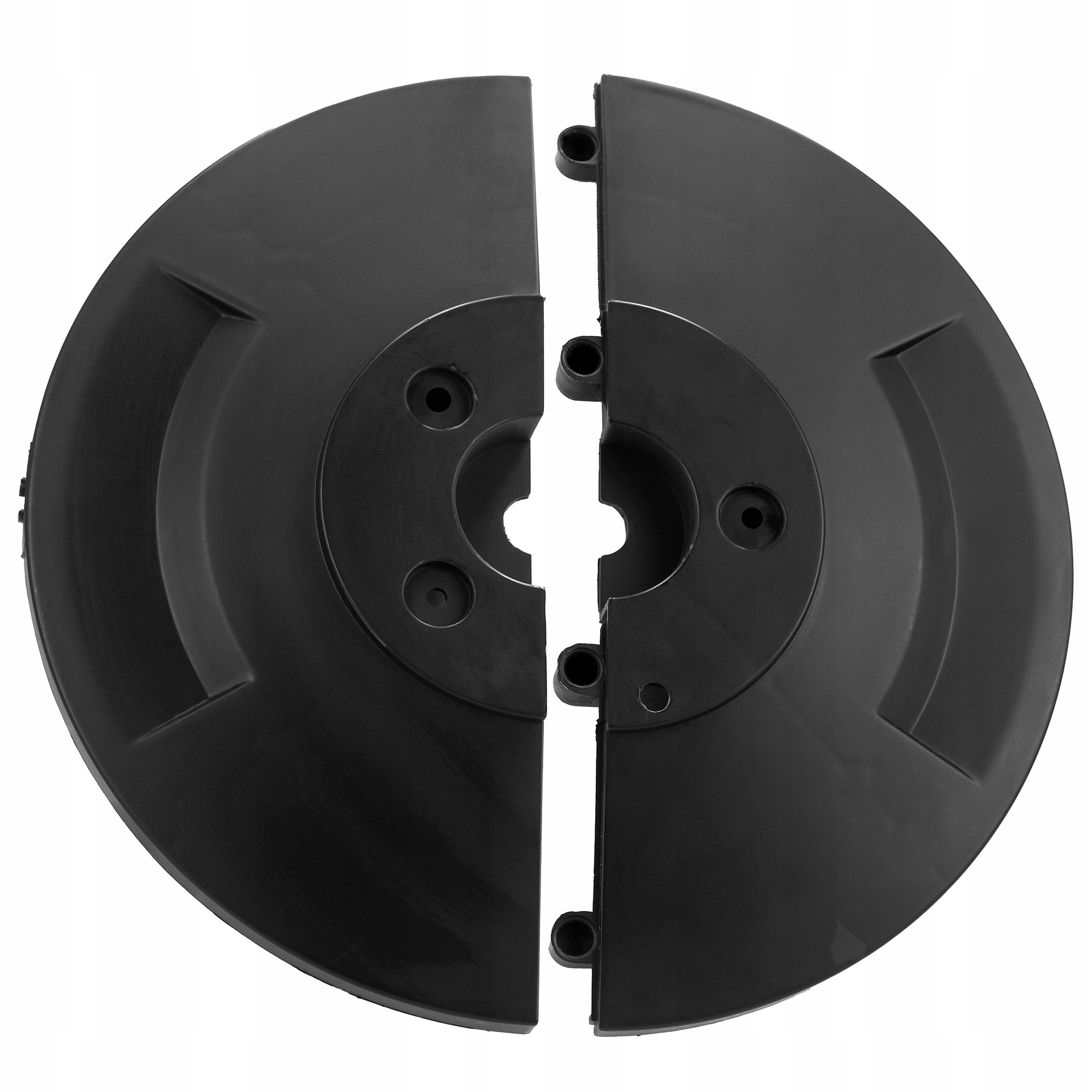 Dwie czarne, półokrągłe części z tworzywa sztucznego. Każda ma okrągłe i prostokątne cechy. Są oddzielone białą przestrzenią.