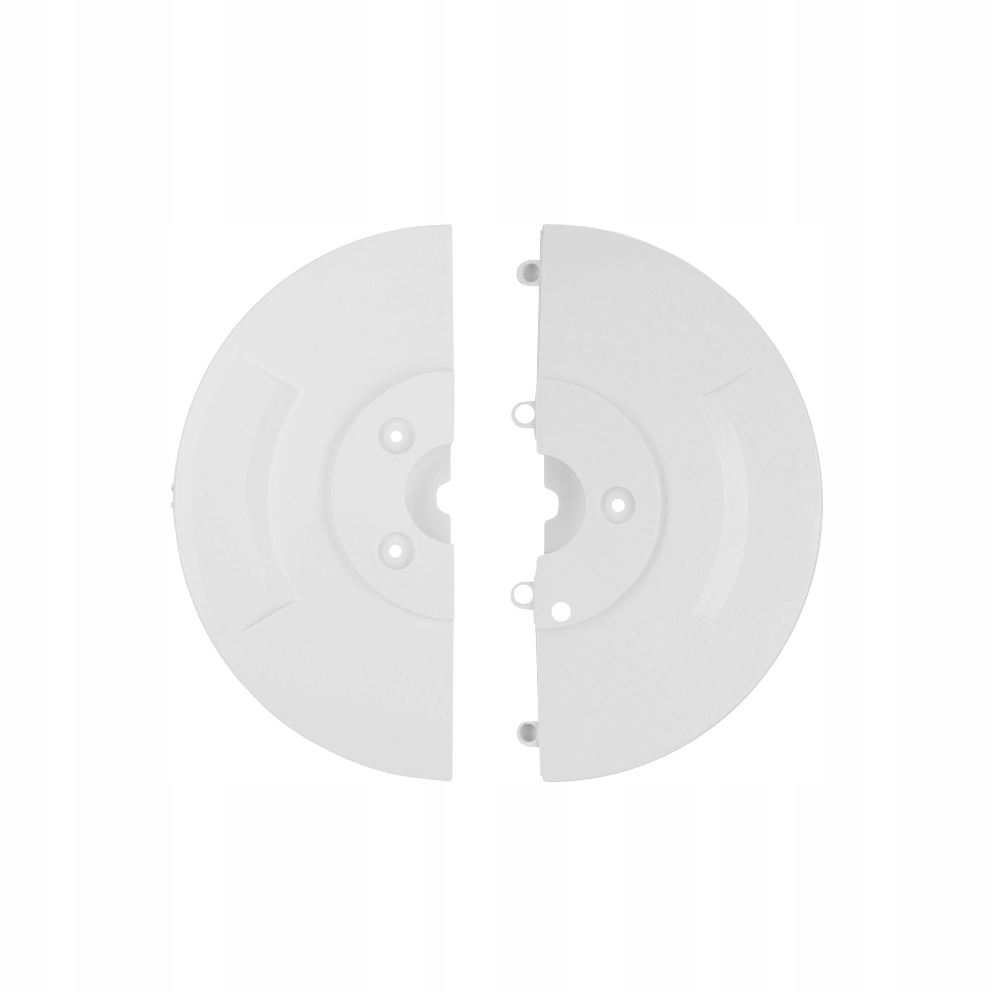 Dwa białe, plastikowe, okrągłe elementy z otworami i klipsami na białym tle.