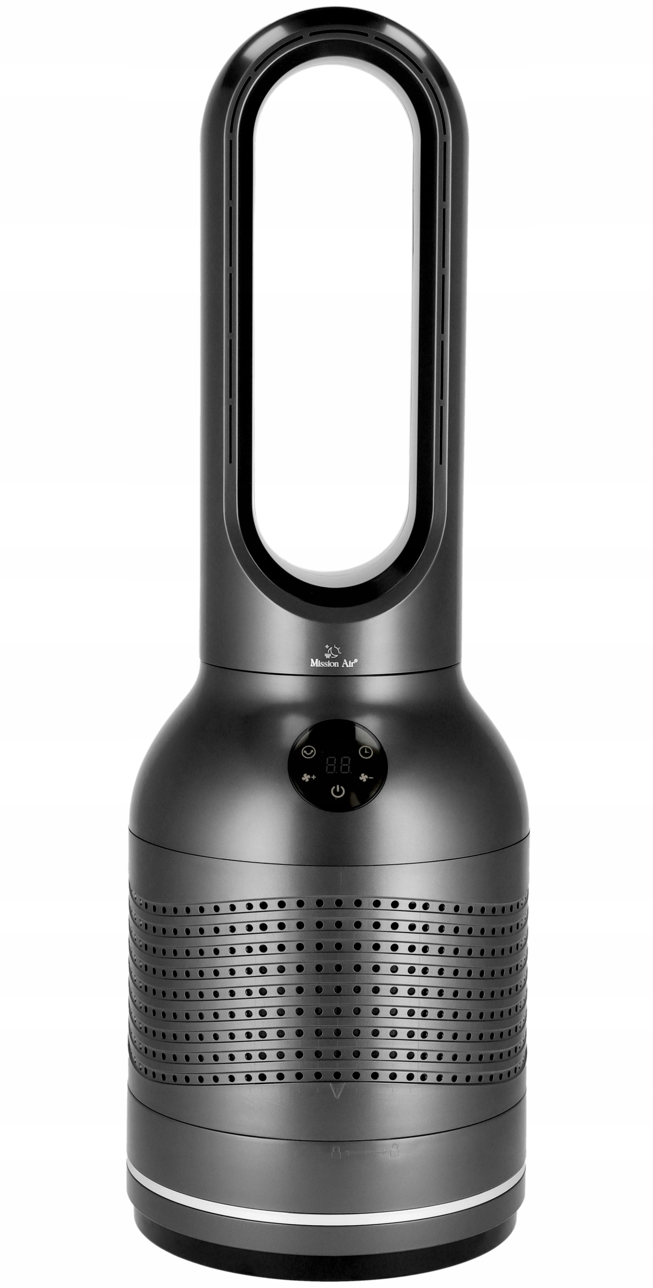 Szary wentylator Mission Air. Ma wysoki, owalny otwór i cylindryczną podstawę z wyświetlaczem cyfrowym.