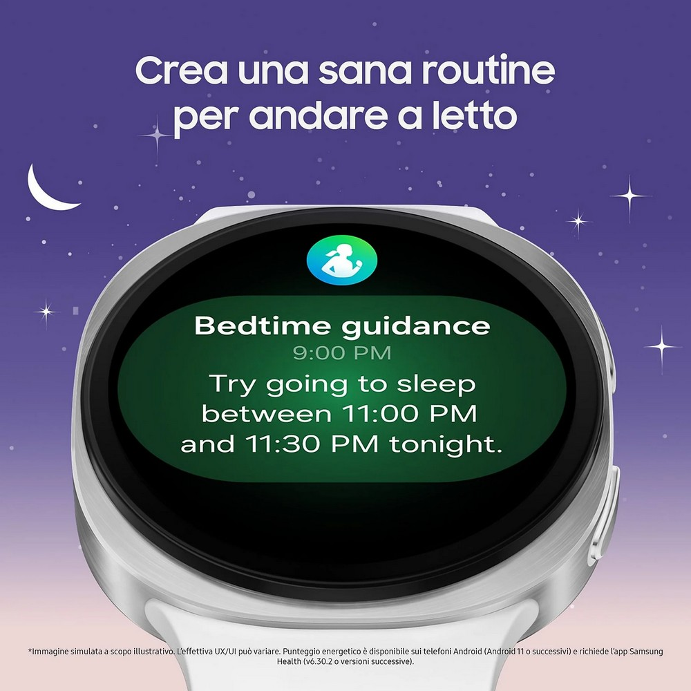 Een smartwatch geeft bedtijdbegeleiding weer. De tekst luidt: 'Probeer vanavond tussen 23.00 en 23.30 uur te gaan slapen.' De achtergrond is sterrenhemel.