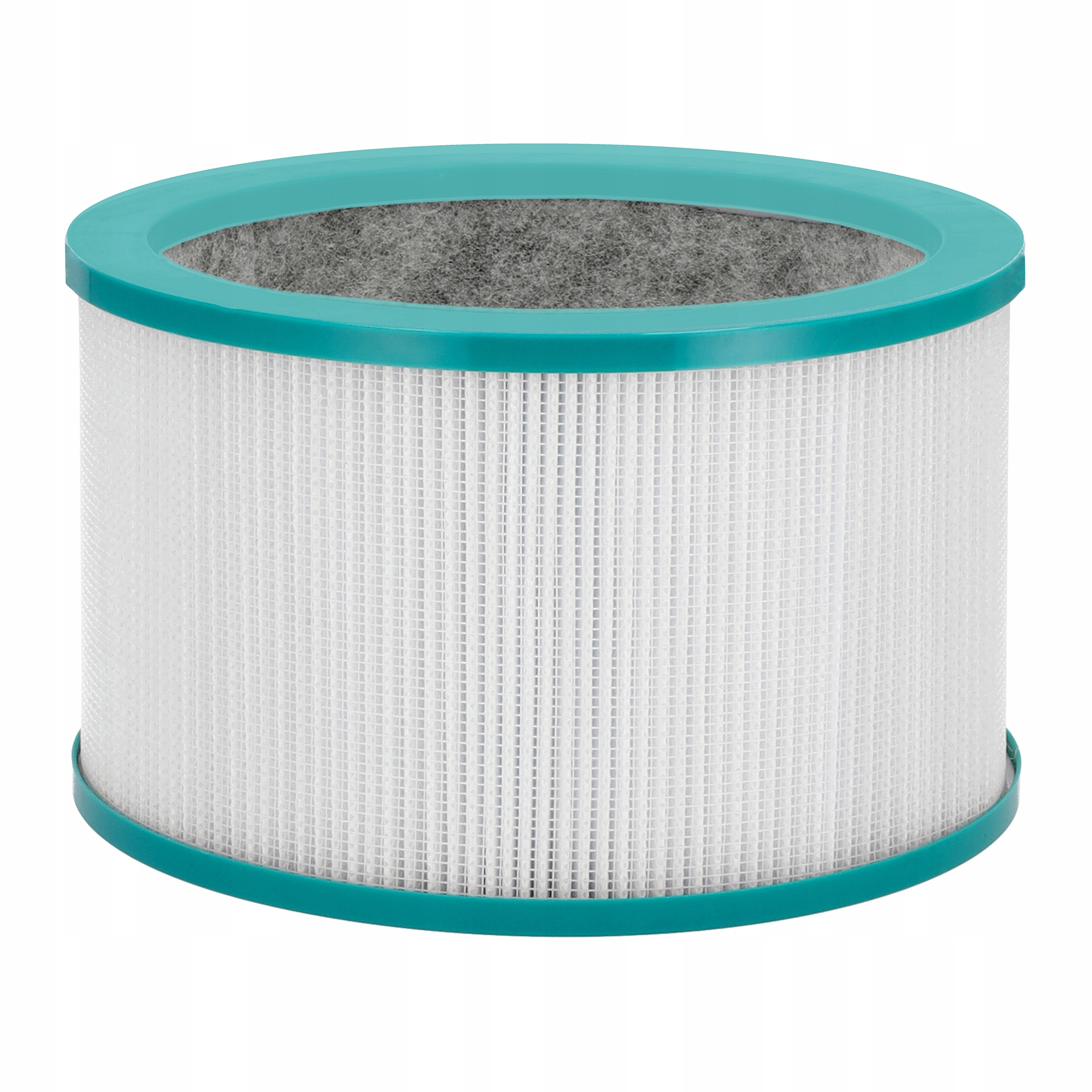 Cylindryczny filtr powietrza z białymi siatkowymi bokami, turkusową ramą i szarym materiałem filtracyjnym.