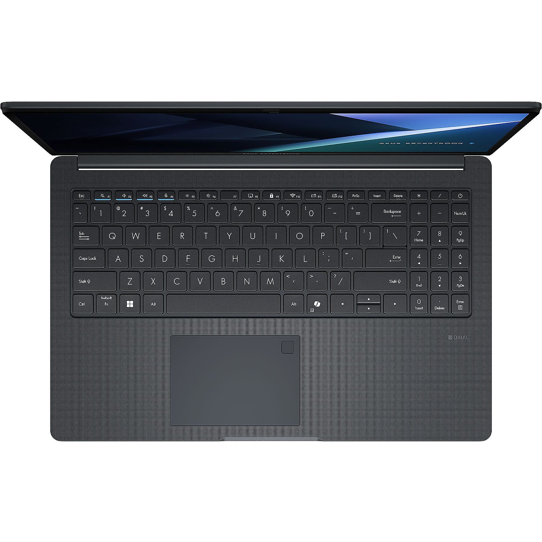Un laptop scuro è aperto, mostrando tastiera e schermo. La tastiera ha un touchpad e molti tasti. Lo schermo è acceso.