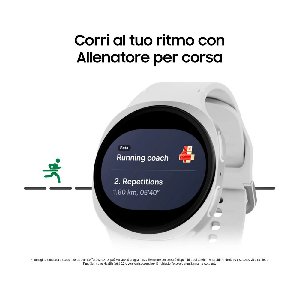 Witte smartwatch met hardloopcoach interface. Tekst: Hardloopcoach, 2. Herhalingen, 1,80 km, 05'40". Een groen hardloop icoon aan de linkerkant.