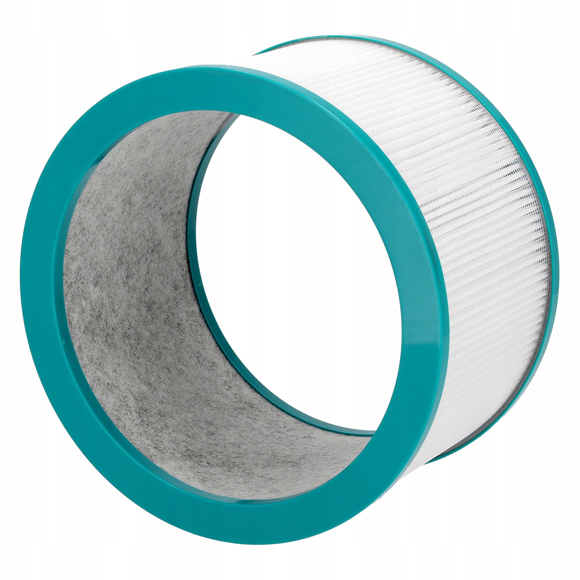 Cylindryczny filtr powietrza. Ma turkusową ramę, szary materiał filtrujący i biały, plisowany filtr.