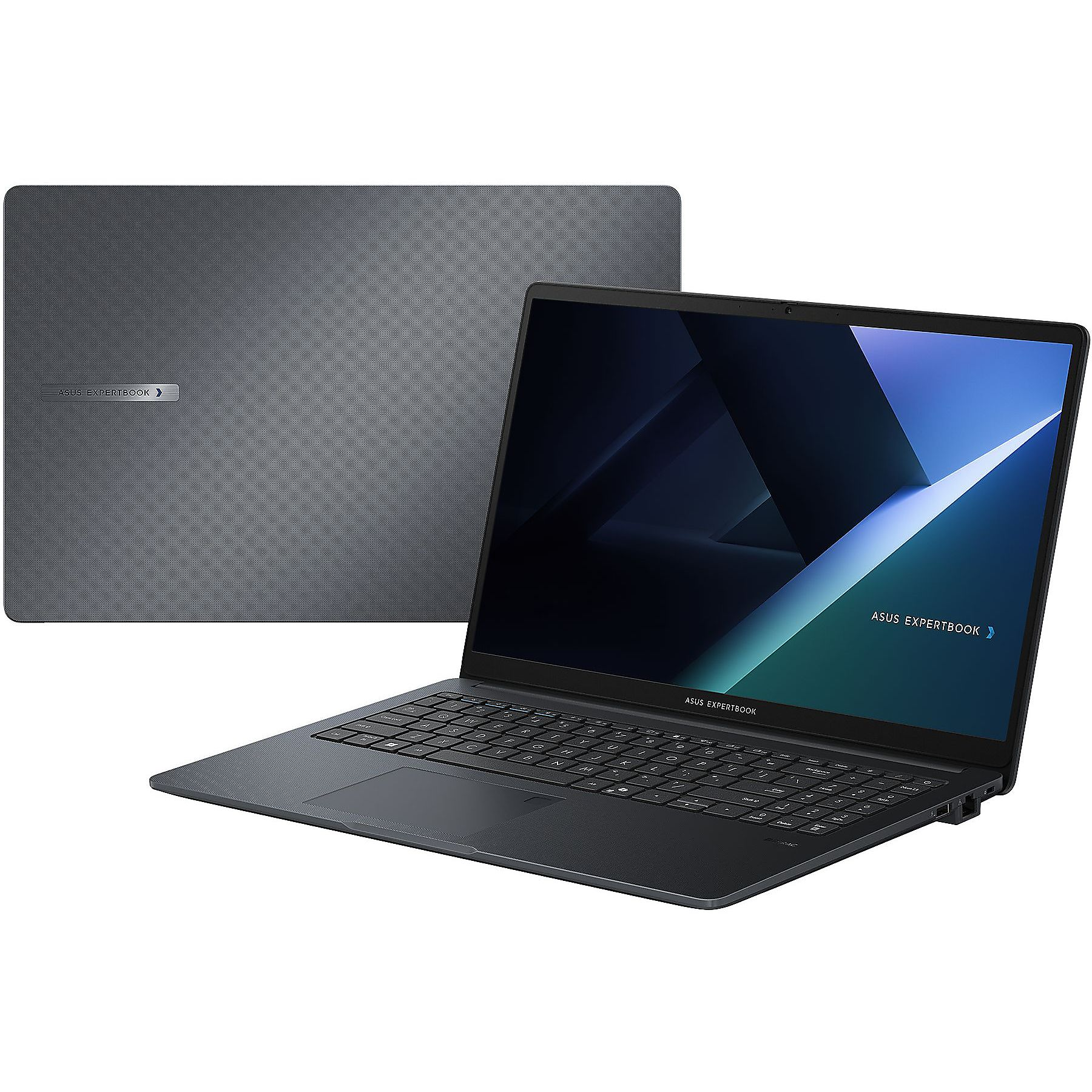 Un laptop ASUS ExpertBook grigio scuro. È aperto, mostra uno schermo con un design geometrico. Il coperchio è dietro.