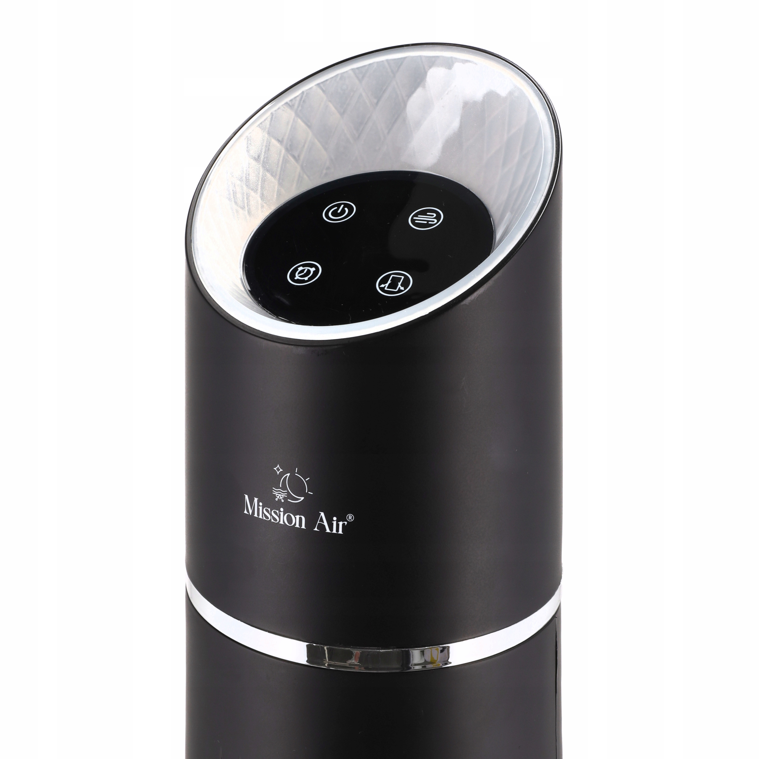 Czarny oczyszczacz powietrza z przyciskami sterowania na górze. Ma białą obwódkę i logo 'Mission Air'.