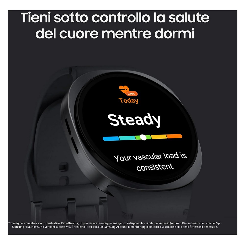 Een smartwatch toont 'Steady' en 'Your vascular load is consistent'. Het horloge toont hartgezondheidsgegevens. Tekst bovenaan: 'Houd je hart gezond.'