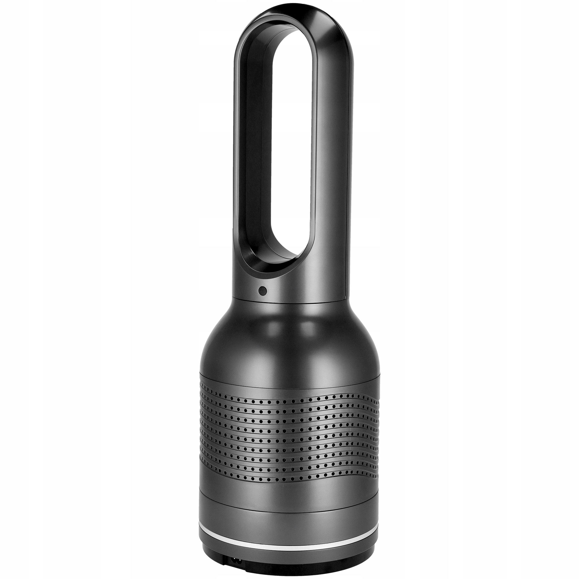 Ciemnoszary wentylator bezłopatkowy stoi wyprostowany. Ma pętlę u góry i perforowaną podstawę. Tło jest białe.