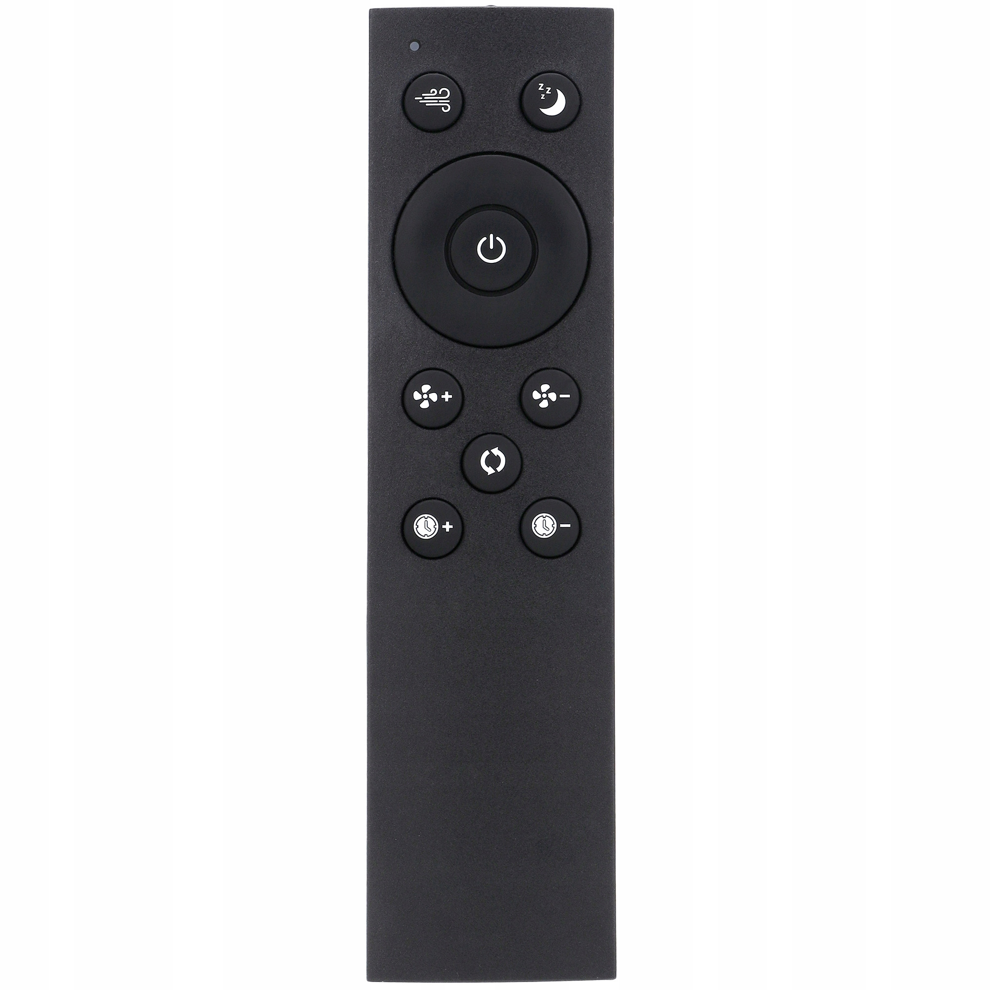 Czarny pilot z przyciskami do sterowania wentylatorem, w tym zasilanie, wiatr, sen i timer.