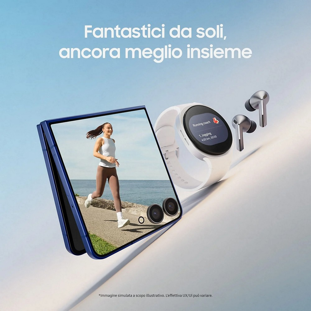Een vrouw die rent op een telefoonscherm, naast een smartwatch en oortelefoons, met Italiaanse tekst.