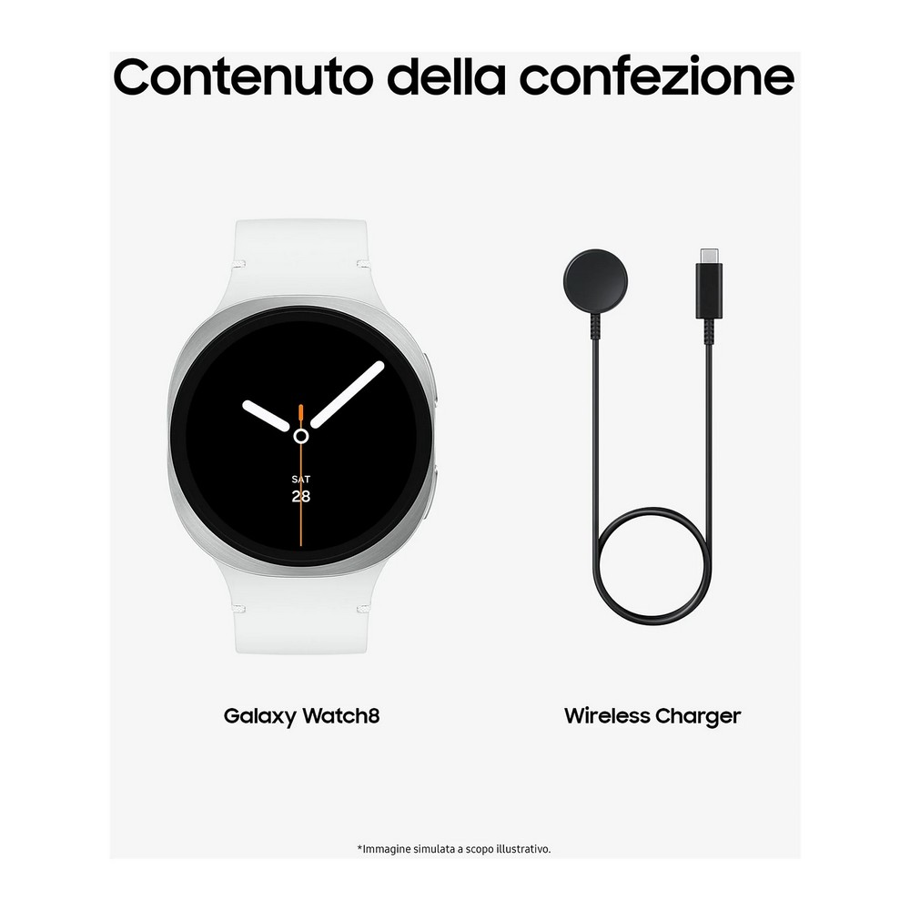 Een Galaxy Watch8 en een draadloze oplader. Het horloge heeft een zwart scherm met witte wijzers. De oplader is zwart met USB-C kabel.