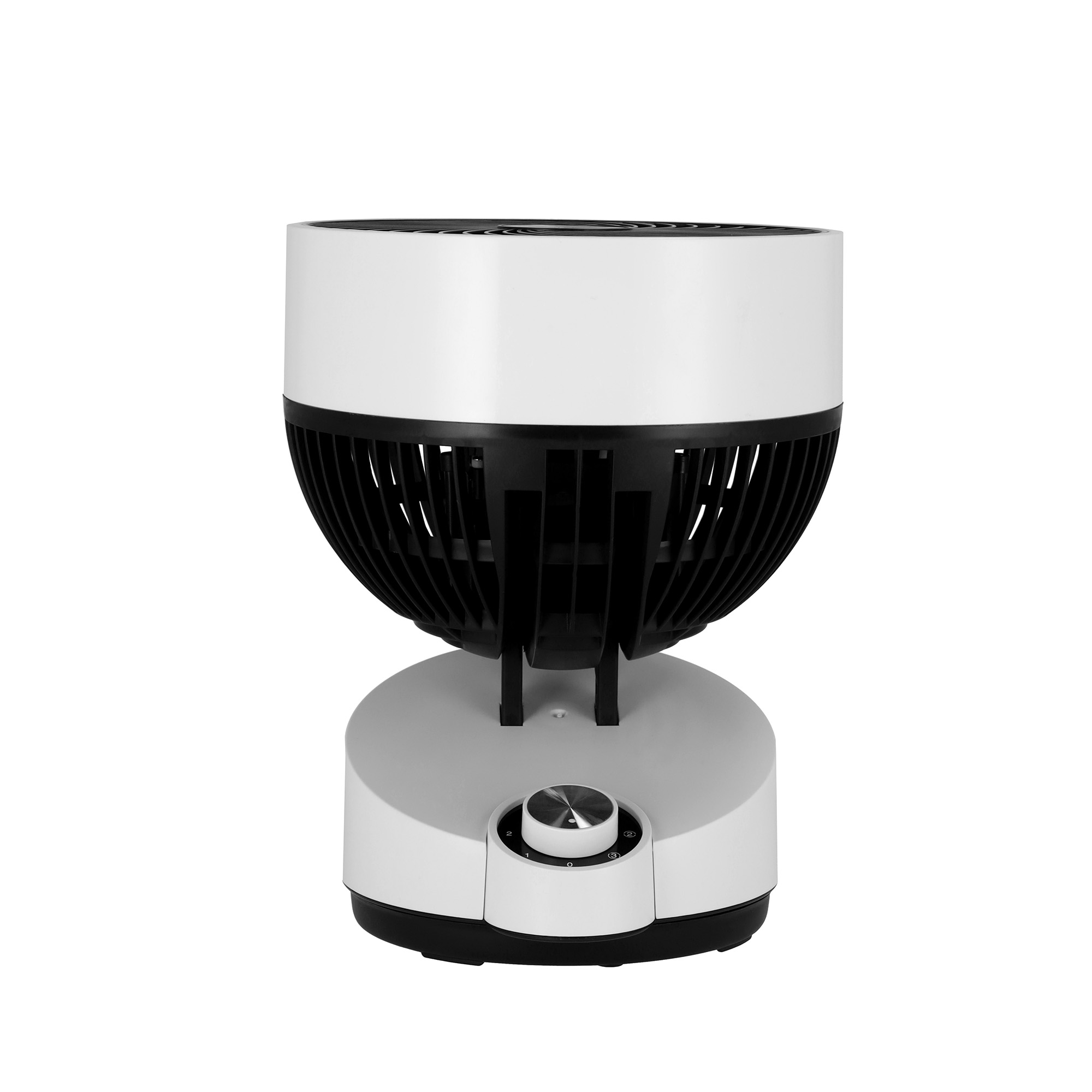 Biało-czarny wentylator z okrągłą górą i podstawą z pokrętłem.