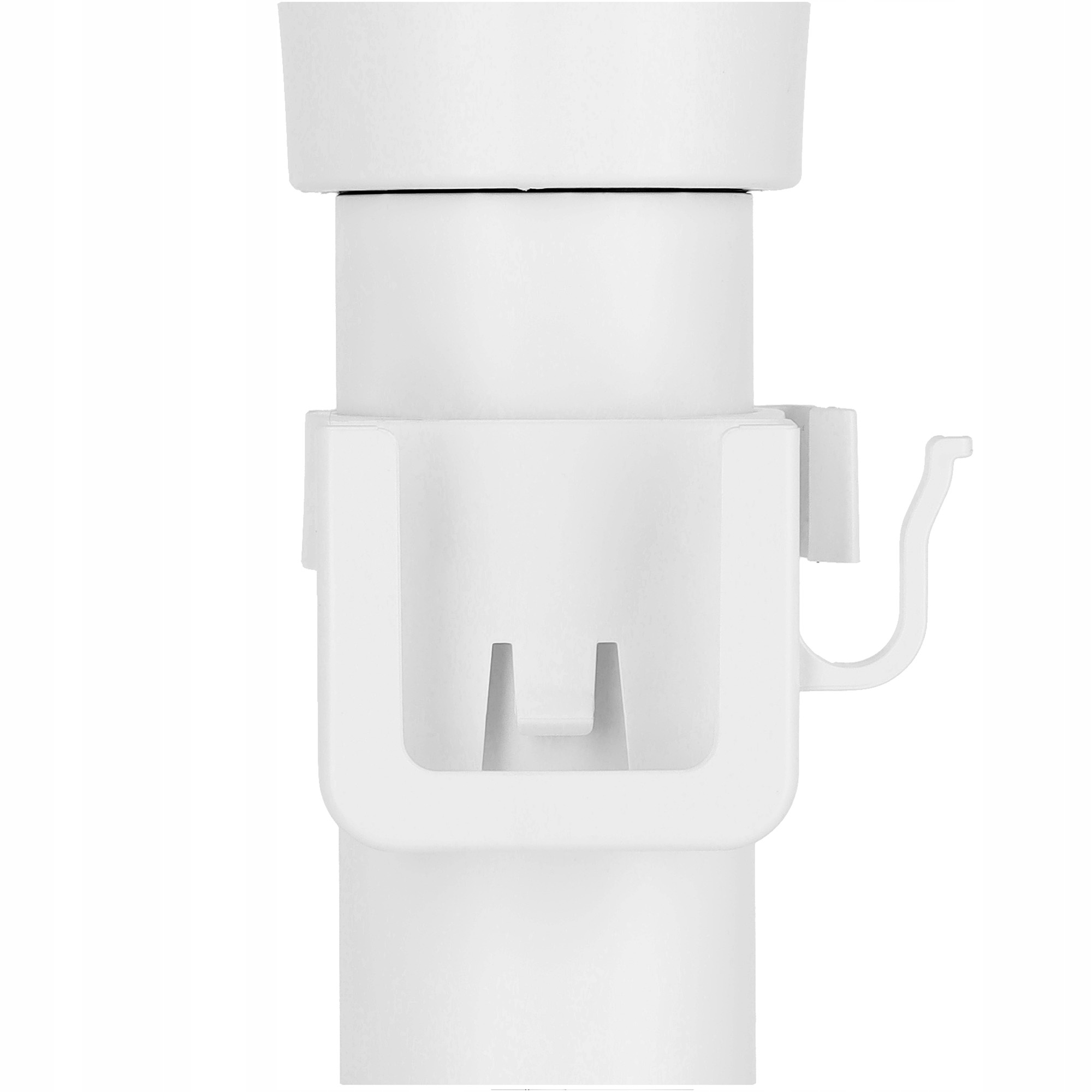 Białe plastikowe urządzenie. Ma zaokrągloną górę i klips z hakiem. Tło jest białe.