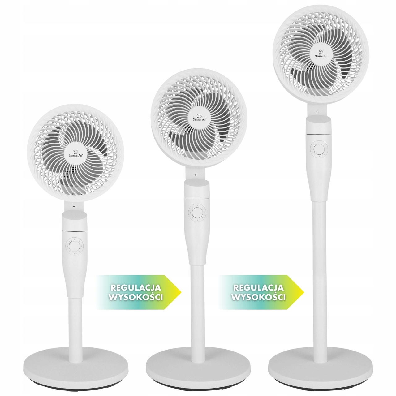 Wyświetlane są trzy białe wentylatory stojące. Każdy wentylator ma okrągłą głowicę i regulowaną wysokość.
