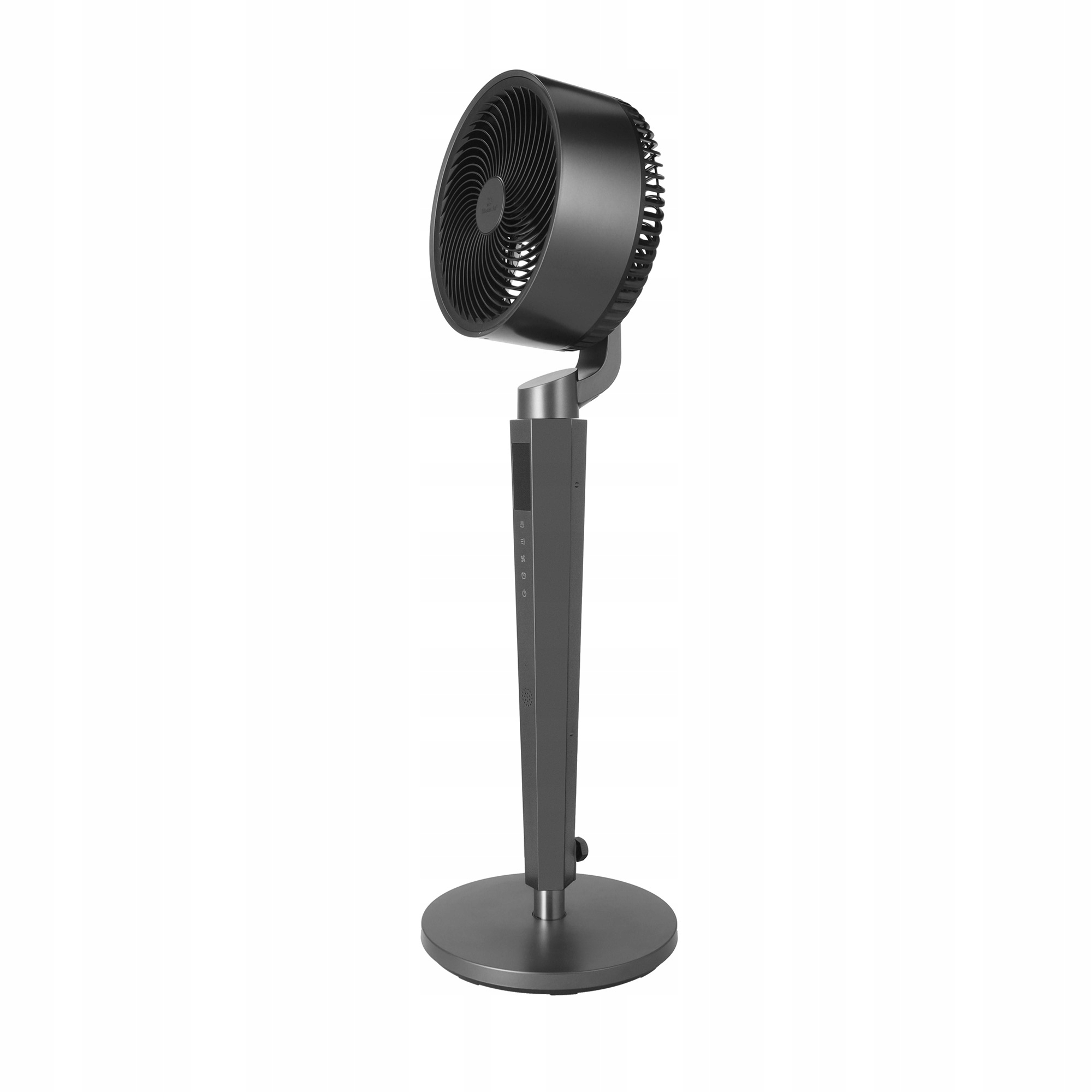 Szary wentylator stojący na białym tle. Ma okrągłą głowicę, długą łodygę i okrągłą podstawę.