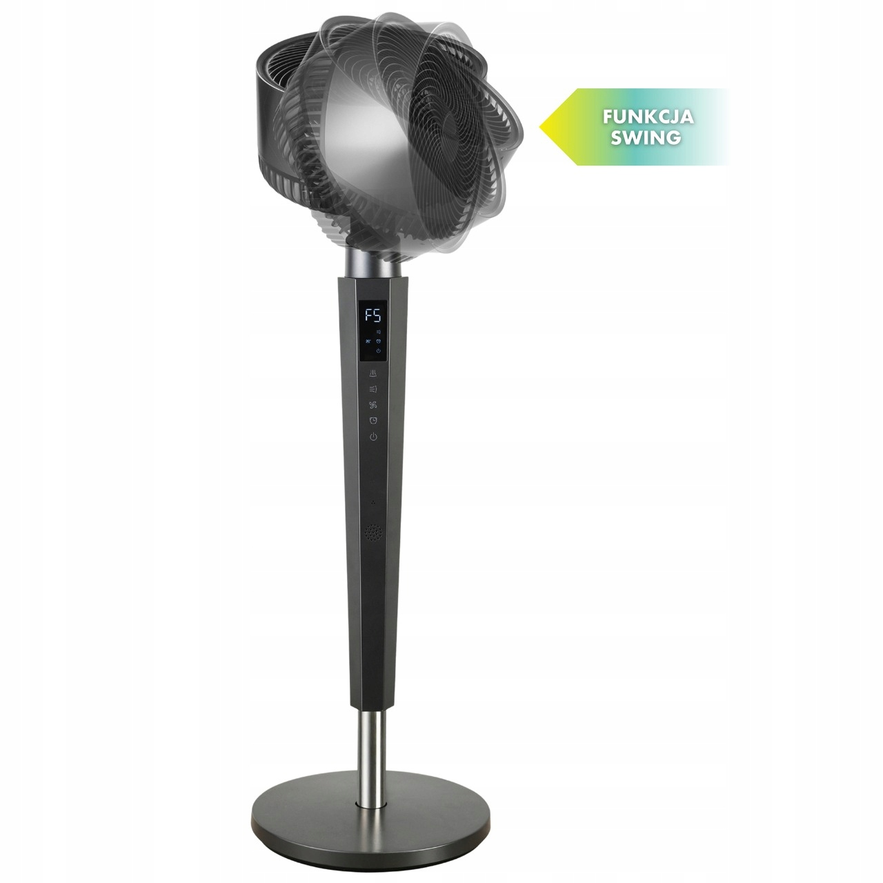 Nowoczesny czarny wentylator z obracającą się głowicą. Posiada wyświetlacz cyfrowy i etykietę z napisem 'FUNKCJA SWING'.