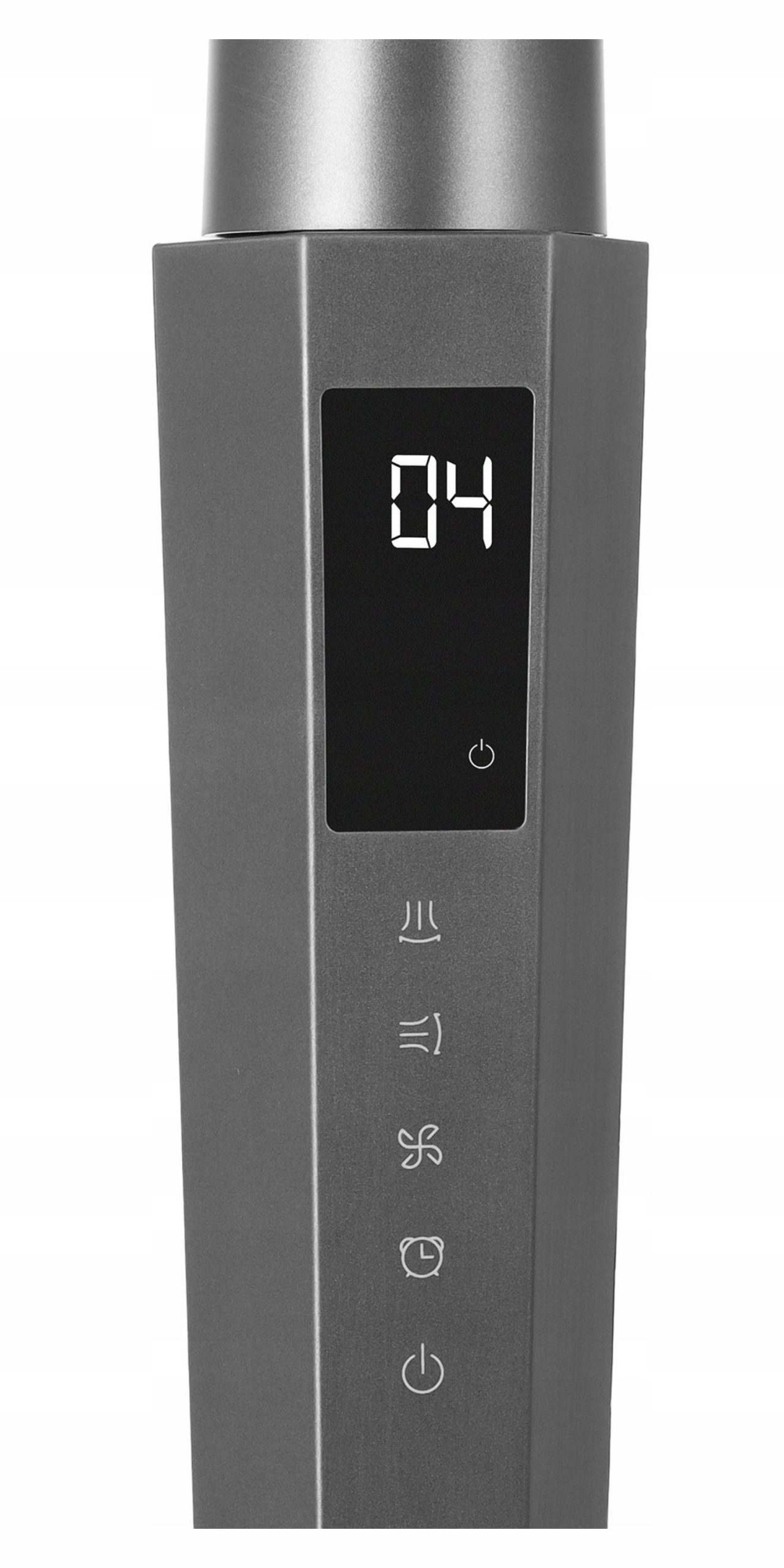 Szary, sześciokątny wentylator z cyfrowym wyświetlaczem '04'. Ikony zasilania, prędkości i timera.