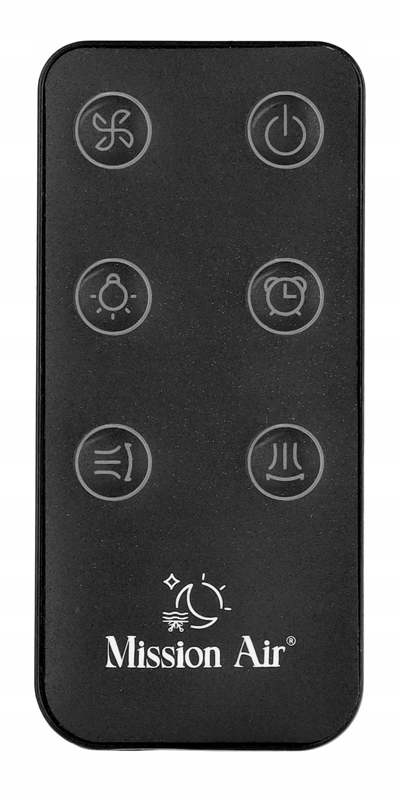 Czarny pilot z ikonami wentylatora, zasilania, światła, timera i wiatru. Marka to Mission Air.