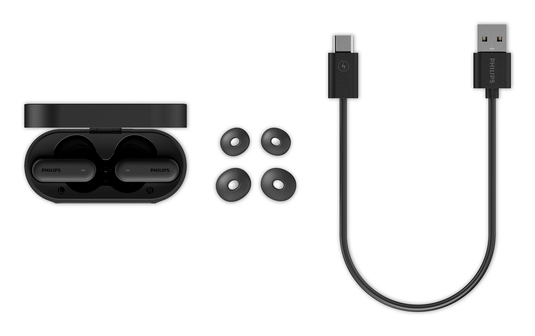 Schwarze Philips-Ohrhörer, Ladecase, zusätzliche Ohrstöpsel und USB-C-Kabel. Alles auf weißem Hintergrund.