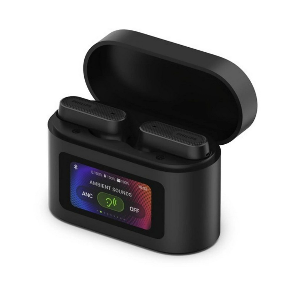 Schwarze kabellose Ohrhörer in einem Ladeetui. Das Etui ist geöffnet und zeigt die Ohrhörer und ein Display mit Optionen für ANC und Ambient Sounds.