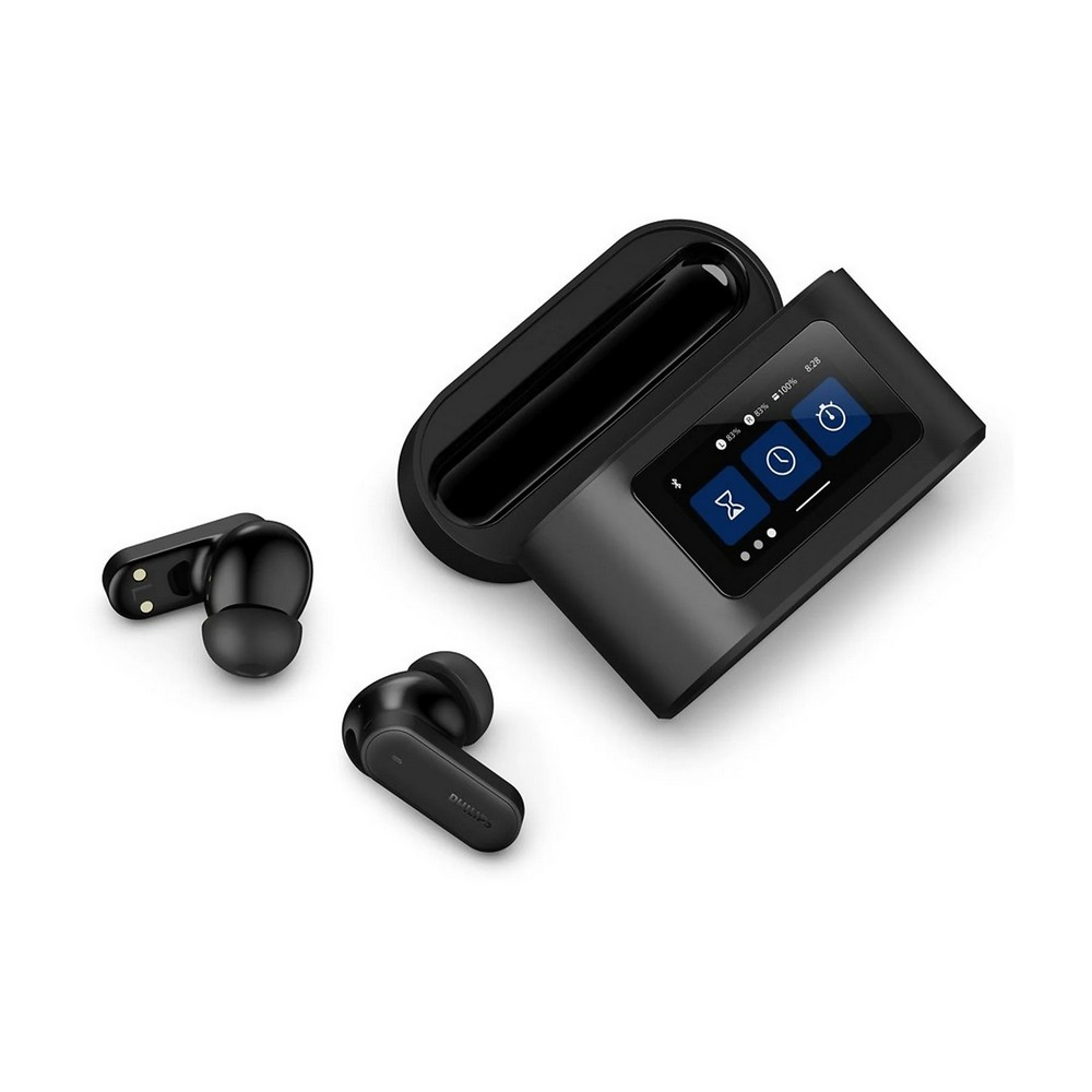 Schwarze kabellose Ohrhörer mit Ladecase und Display mit Akku- und Zeitanzeige.