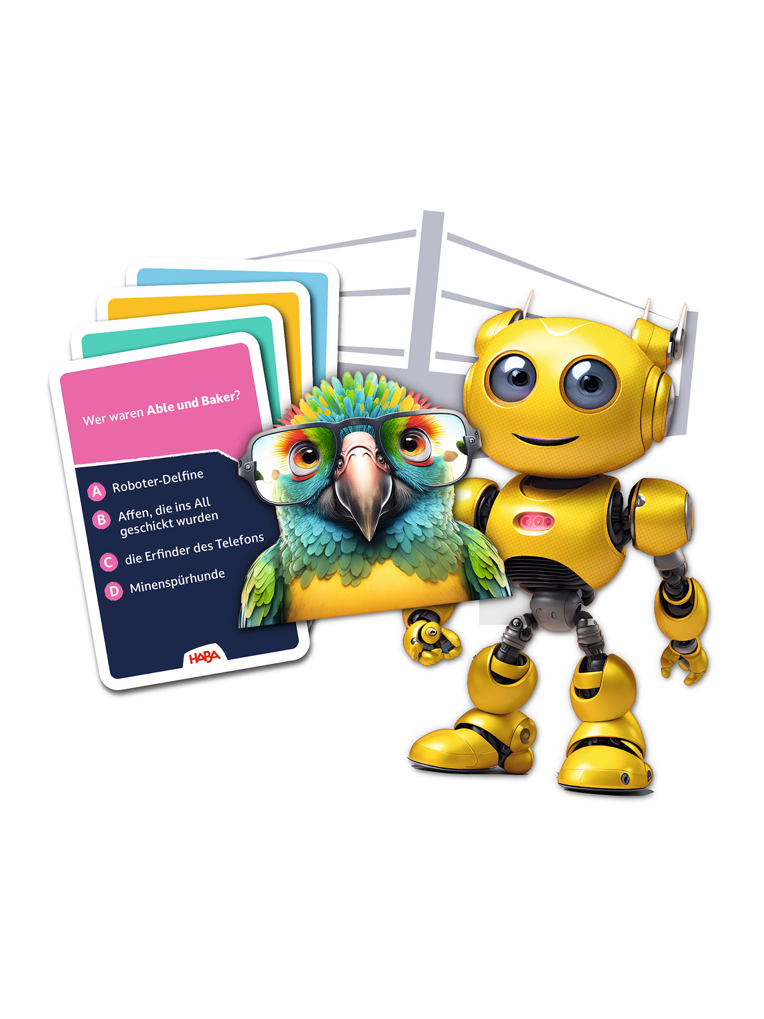 Ein gelber Roboter und ein Papagei mit Brille stehen neben Karten mit Fragen. Karten haben verschiedene Farben.