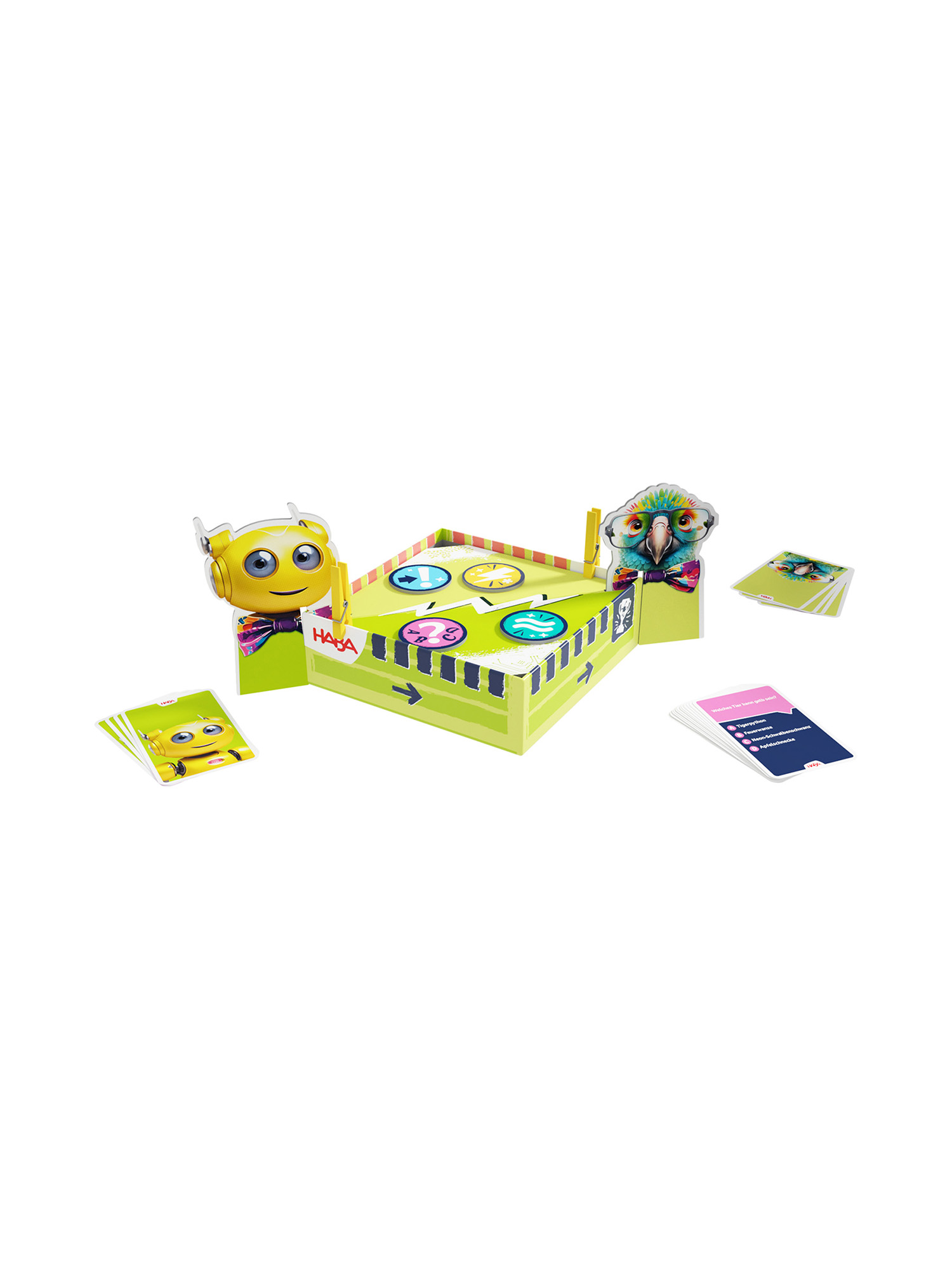 Ein Kinderspiel mit Roboter- und Papageien-Thema. Karten und ein zentrales Spielbrett sind sichtbar. Grün, Gelb und Blau sind vorherrschend.