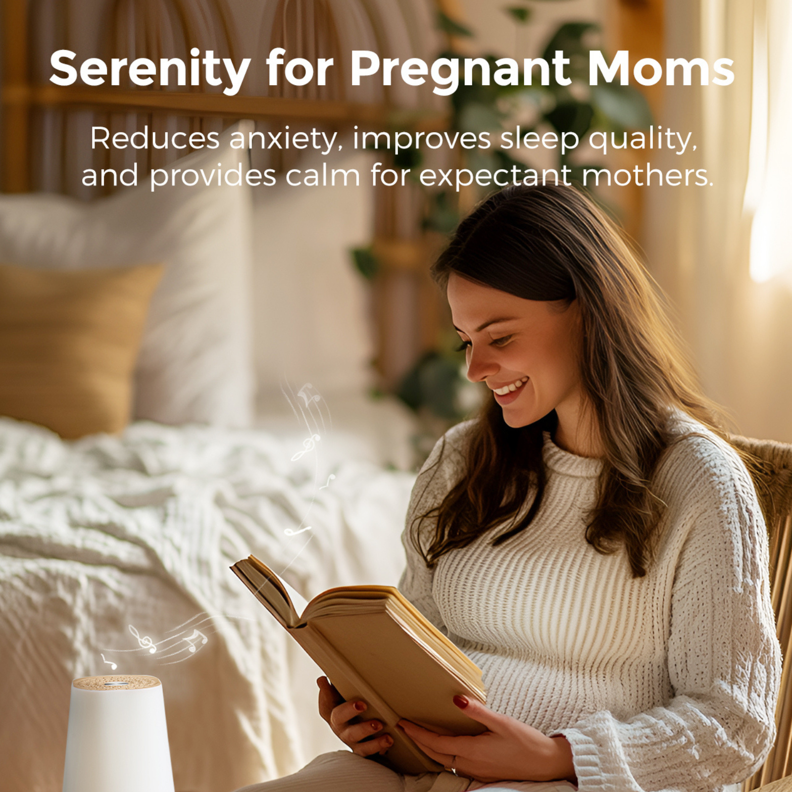 Lächelnde Frau liest ein Buch, daneben ein Diffusor. Text: 'Serenity for Pregnant Moms'.