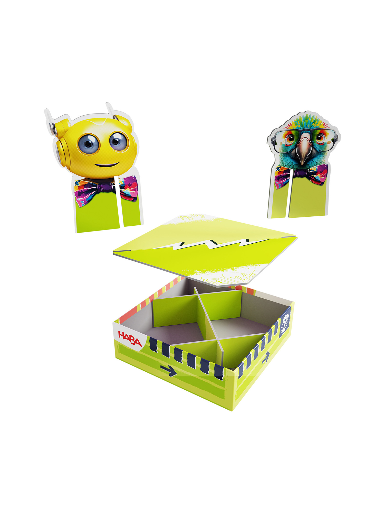 Eine Spielbox mit Cartoon-Figuren, einem Roboter und einem Papagei. Die Box ist grün und hat Fächer.