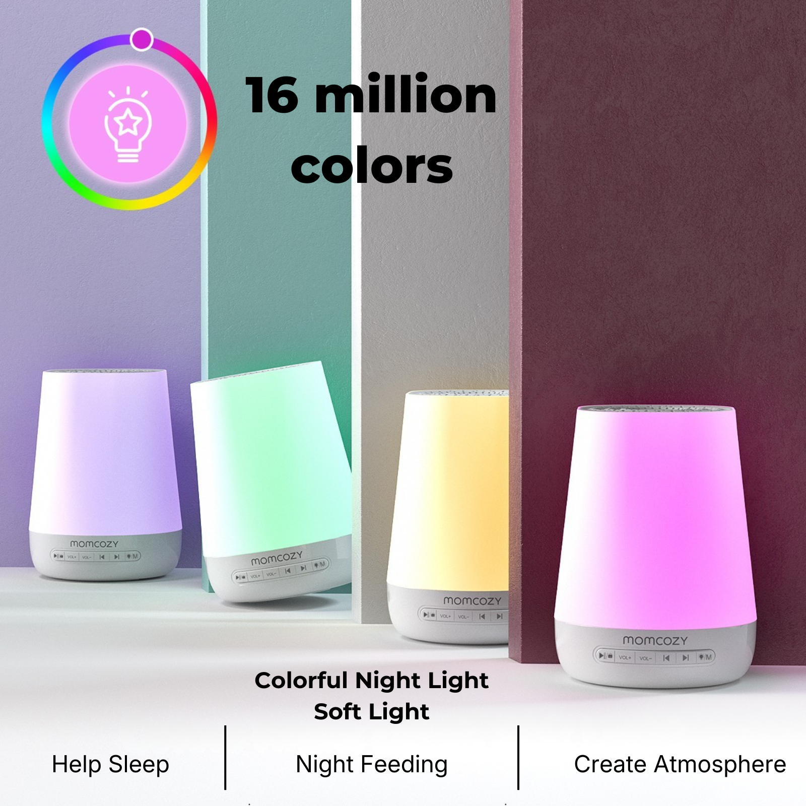 Das Bild zeigt vier Momcozy-Nachtlichter in verschiedenen Farben. Der Text lautet 16 Millionen Farben, Schlafhilfe, Nachtfütterung, Atmosphäre schaffen.