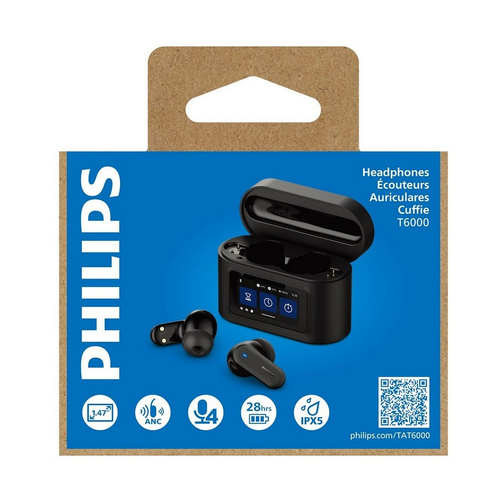 Eine Philips T6000 Kopfhörerbox. Sie zeigt die Kopfhörer, eine schwarze Ladeschale und Symbole für Funktionen wie Geräuschunterdrückung und Akku.