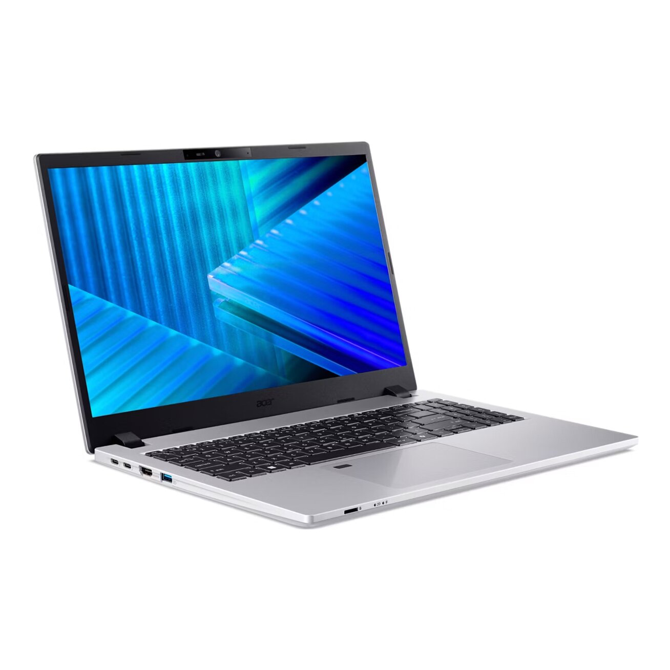 Un laptop Acer argentato è aperto, mostrando un design astratto blu sullo schermo. La tastiera è nera.