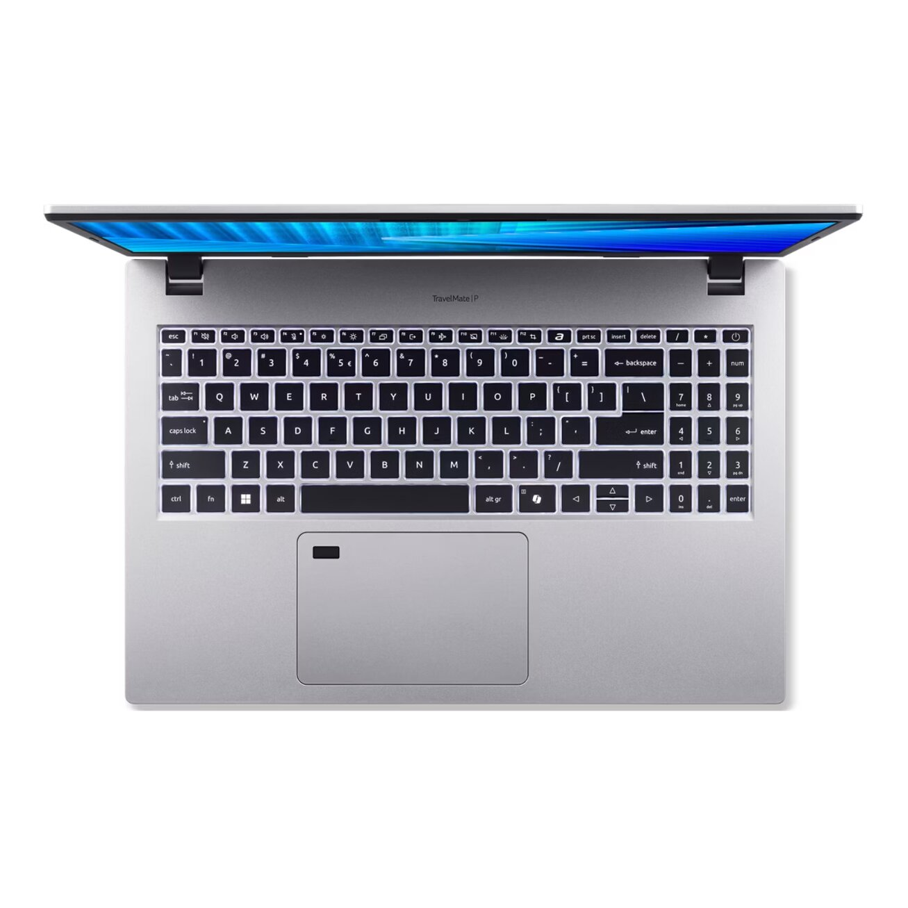 Laptop argentato, vista dall'alto. Tastiera visibile, schermo leggermente aperto. Sfondo bianco. Tasti con lettere, numeri e simboli.