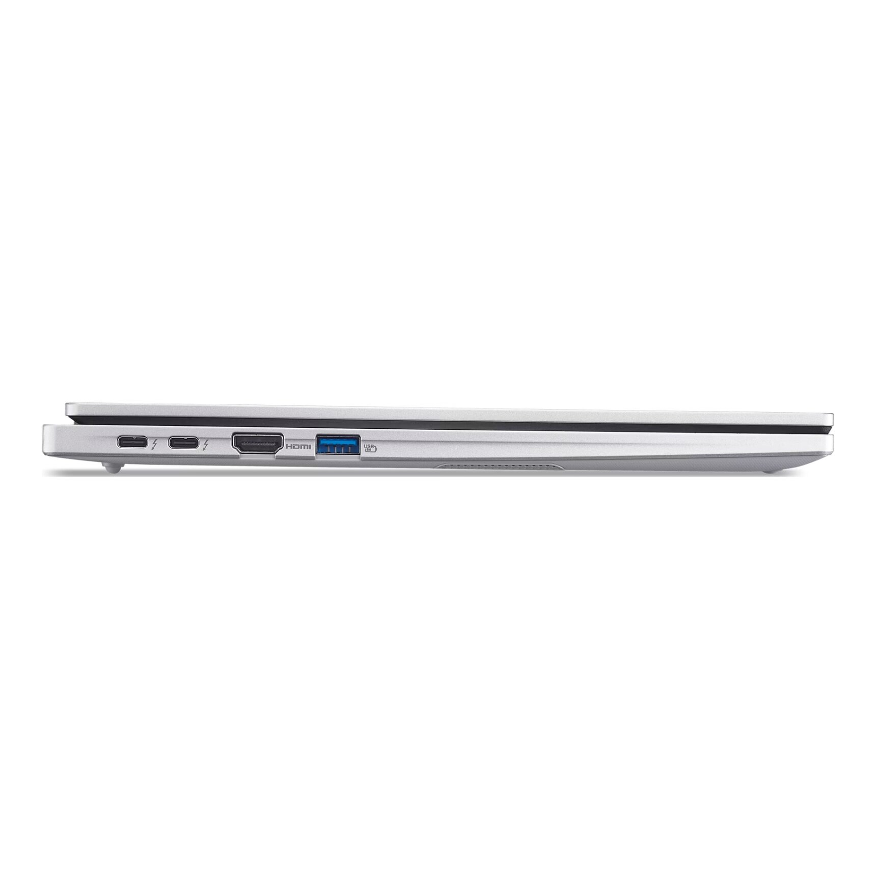Vista laterale di un laptop argentato. Porte visibili: Thunderbolt, HDMI, USB. Design elegante. Sfondo bianco.