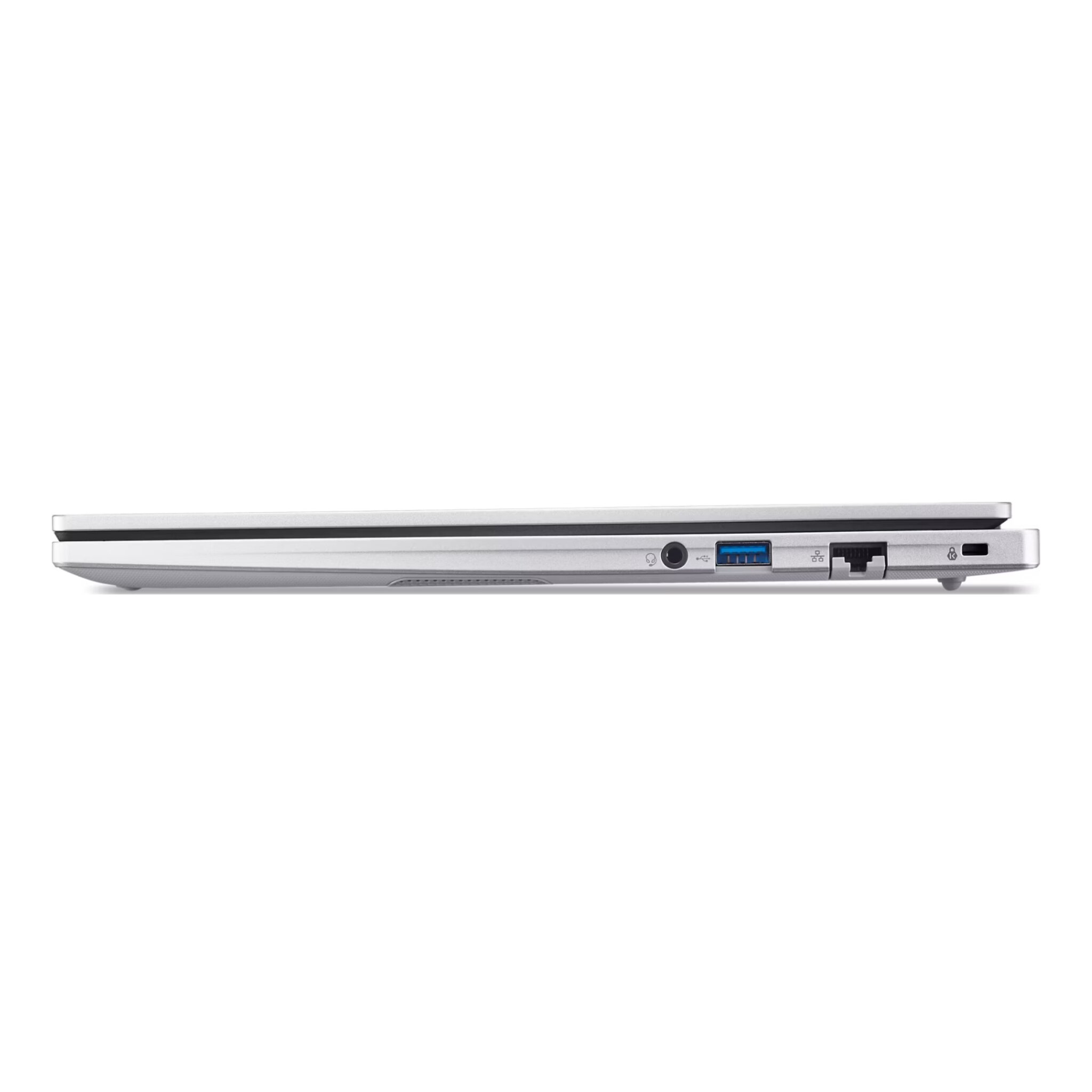 Vista laterale di un laptop argentato. Porte: audio, USB, ethernet, blocco. Il laptop è chiuso.