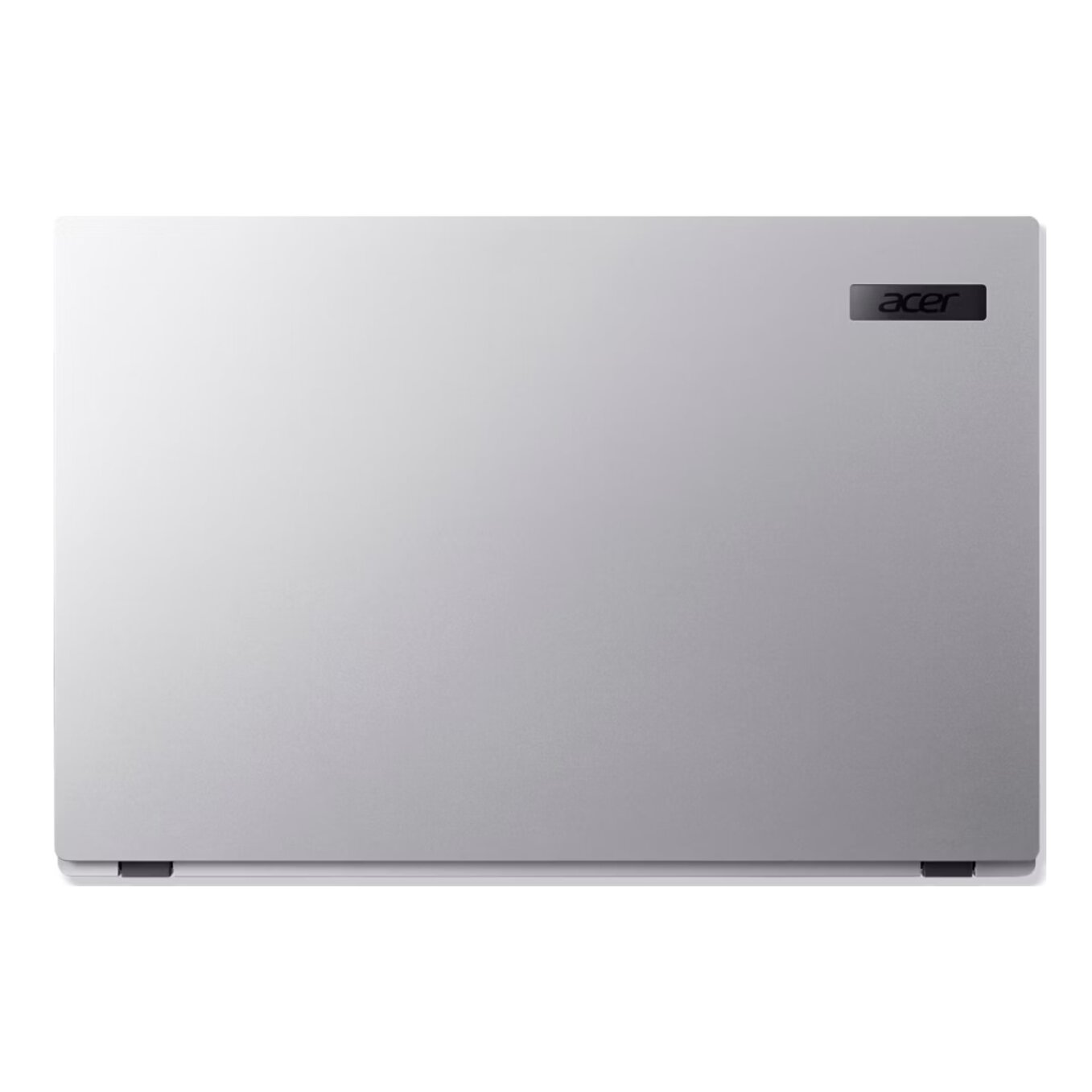 Un laptop argentato. Il logo Acer è in alto a destra. Il laptop è chiuso. Il fondo ha due piccoli piedini neri.