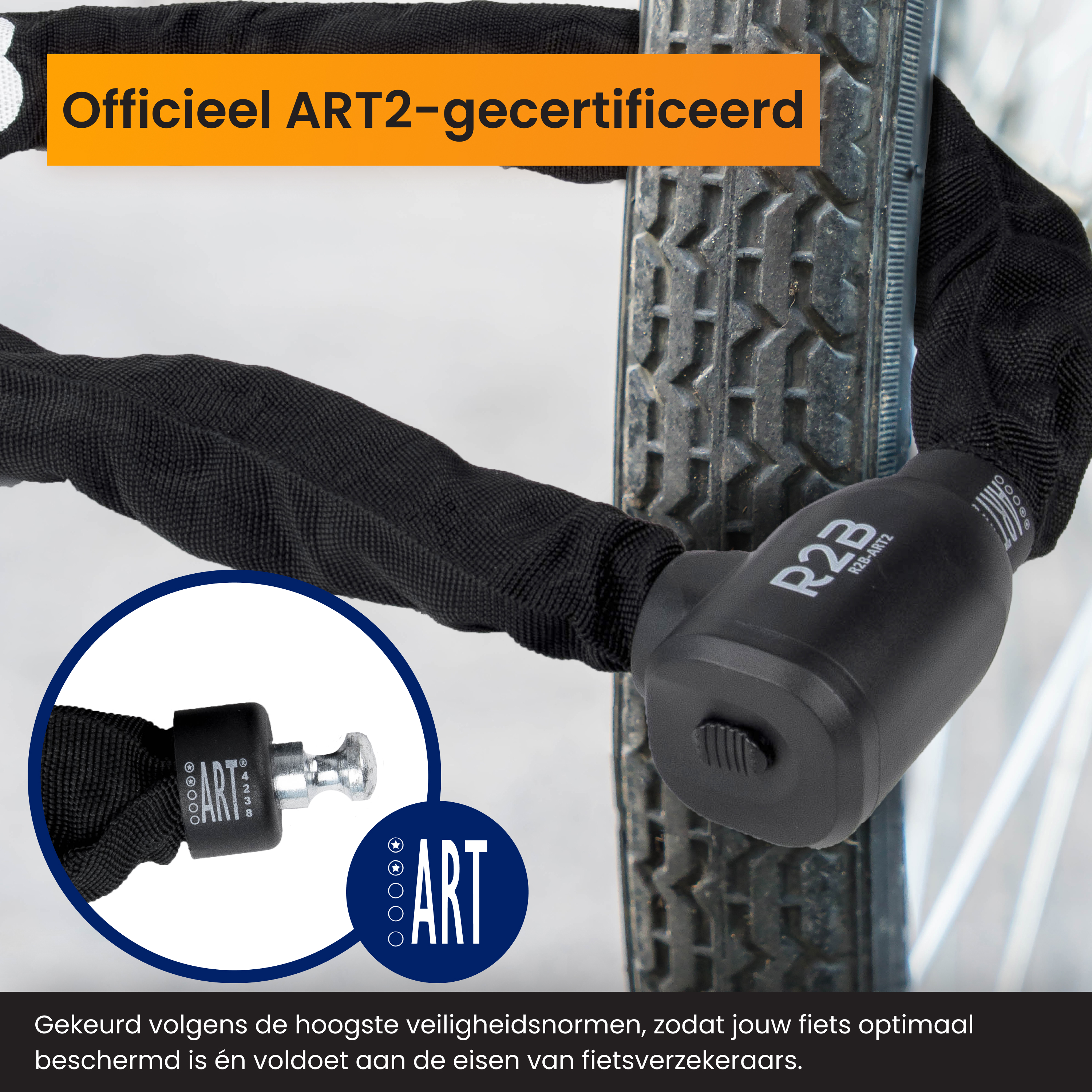 Black bike lock around a tire. The lock is ART2 certified. A blue circle displays the ART logo.