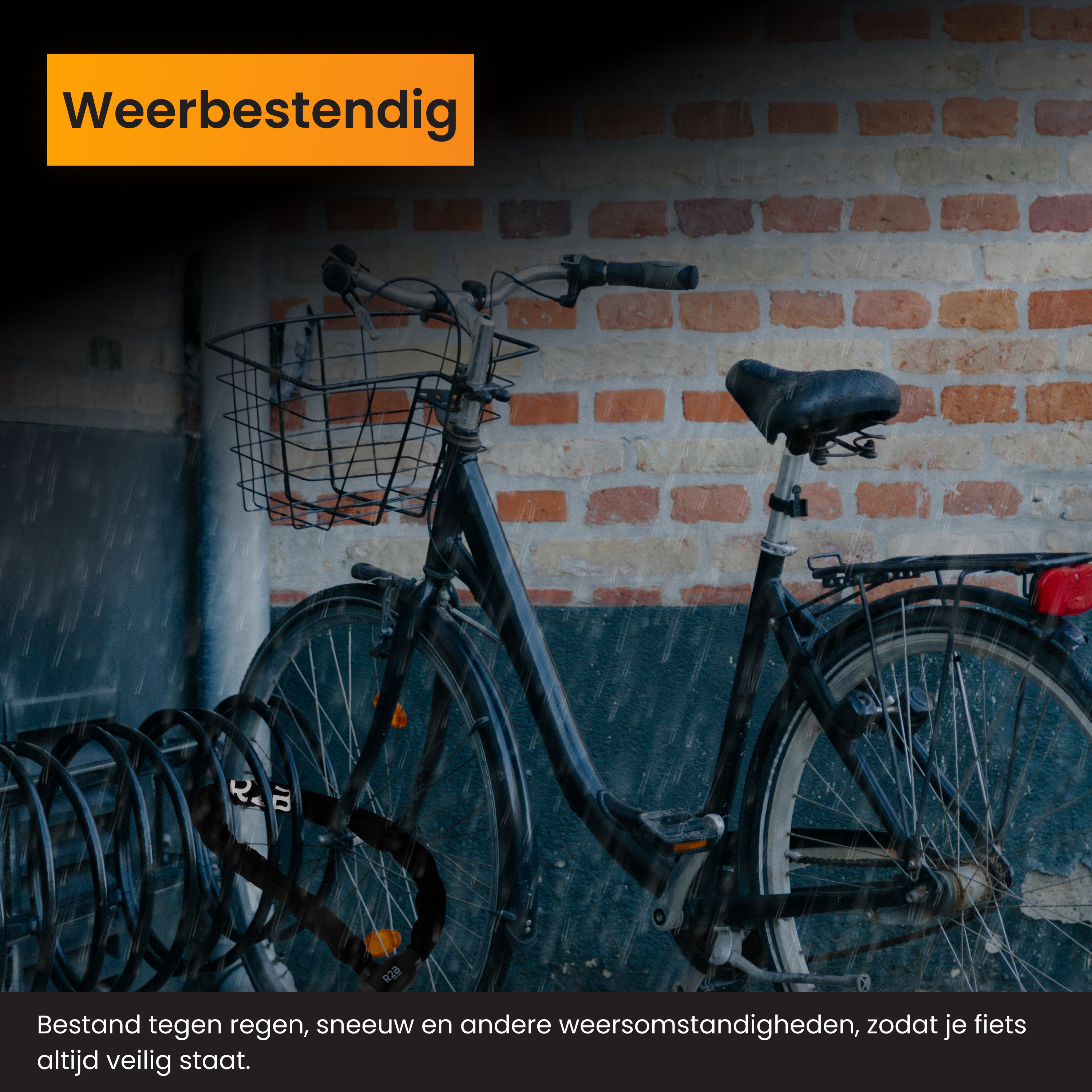 A bicycle in the rain. It's locked to a bike stand. The background shows brick.